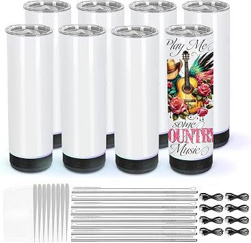 8 Pack 20Oz Music Speaker Tumbler, Sublimation Tumbler Blanks Skinny Straight, Double Wall Insulated Music Coffee Mug with Detachable LED Light, Speaker CupBlack