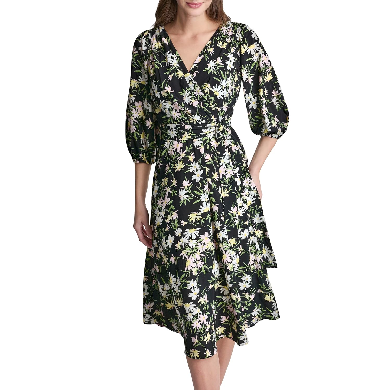 DKNY Women's 3/4 Balloon Sleeve Surplice Neck Faux Wrap Midi Dress with Removable Belt