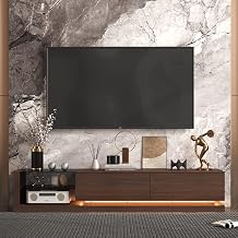 89" Wide TV Stand with Lights, Modern Floating Base TV Console, 2 Large Drawers and Glass Shelves, for 80 Inch TV, Walnut 89.4W x 15.7D x 17.3H