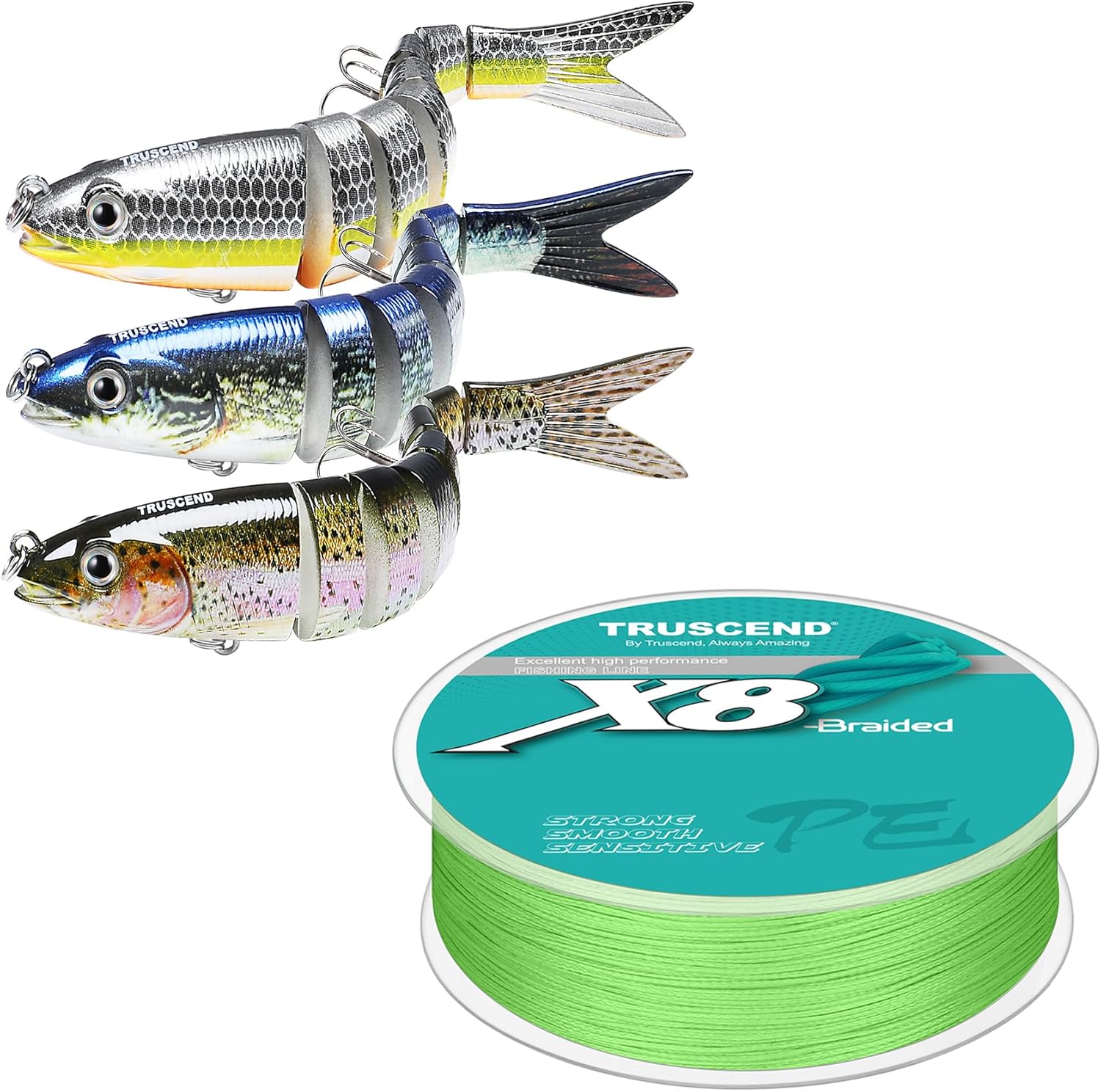 TRUSCEND Fishing Lures & Line 20lb 300yds, Multi-Jointed Swimbait Lure Kit with Braided Fishing Line, Fishing Gifts for Men