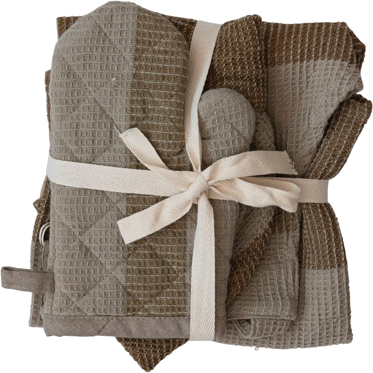 Creative Co-Op Cotton Child Apron, Chef Hat, and Oven Mitt, Set of 3 Pieces, Beige and Grey
