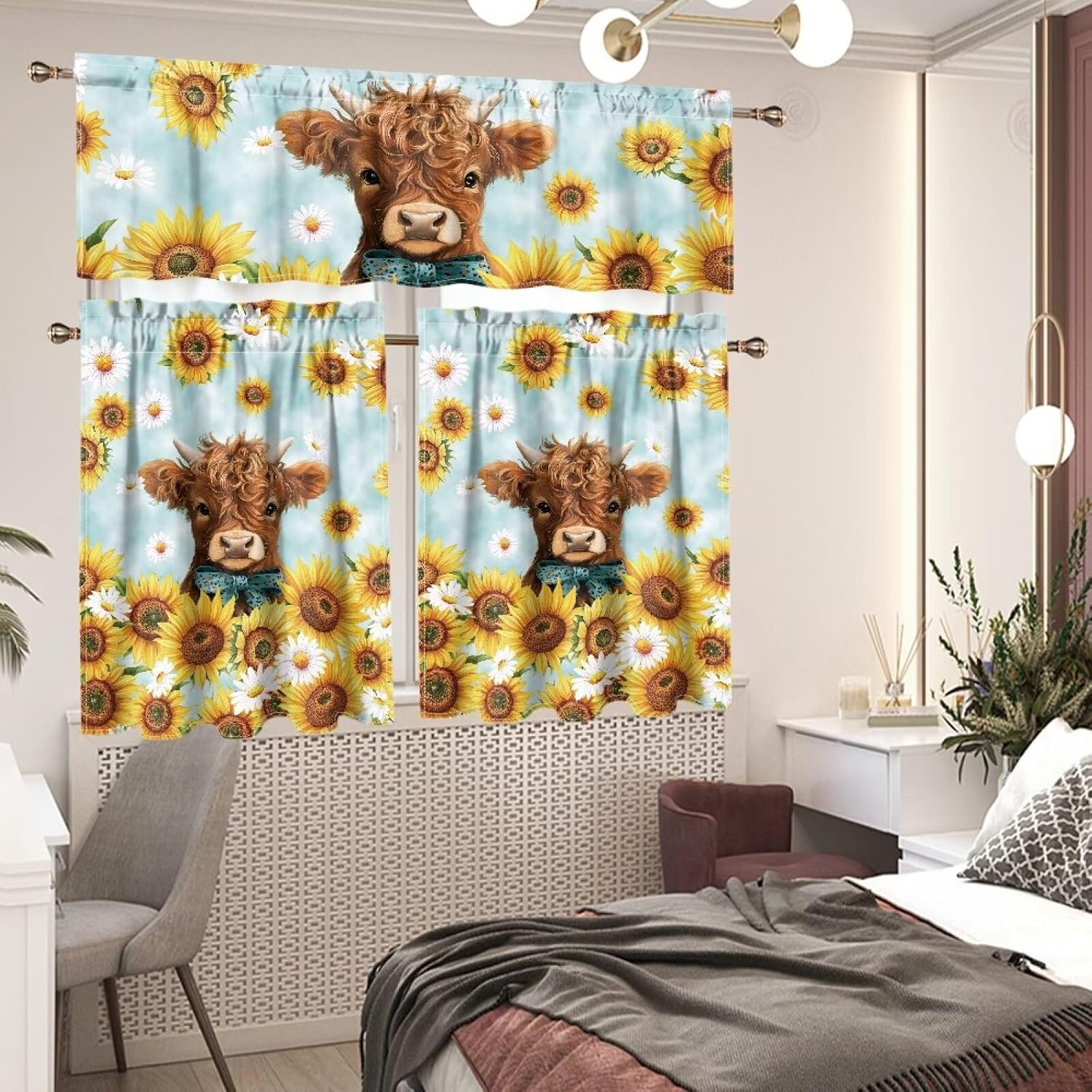 Kitchen Curtains and Valances Set Tier Curtains Shade Panels for Windows 3 Piece Set Bathroom Panels Window for Living Room Bedroom Bathroom Sunflower Cow
