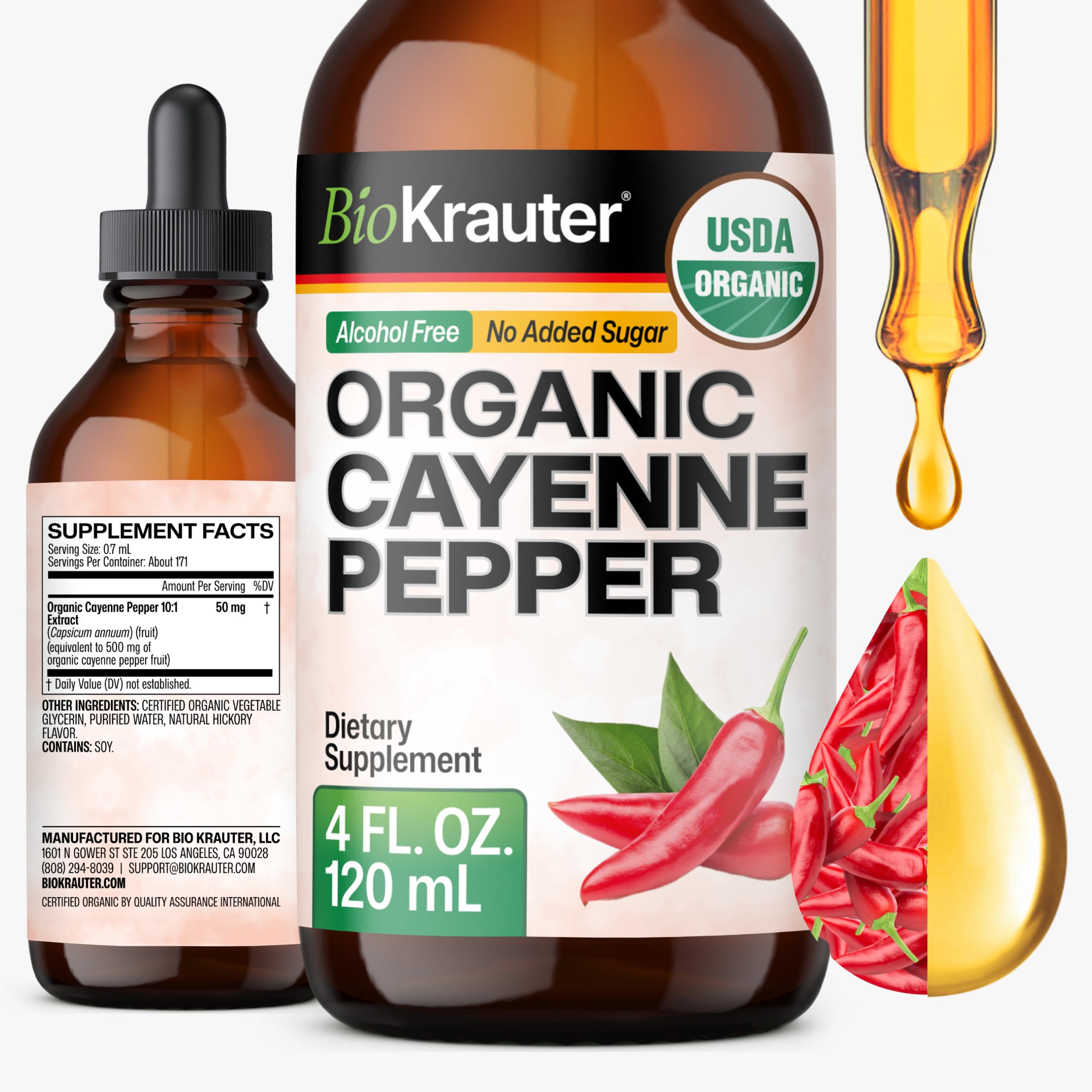 BIO KRAUTER Cayenne Pfeffer Extrakt Flüssigkeit - reine Capsaicin Extrakt - flüssige Cayenne Pfeffer Tropfen für Verdauungsunterstützung - Zucker & Alkohol frei 4 Fl.Oz.