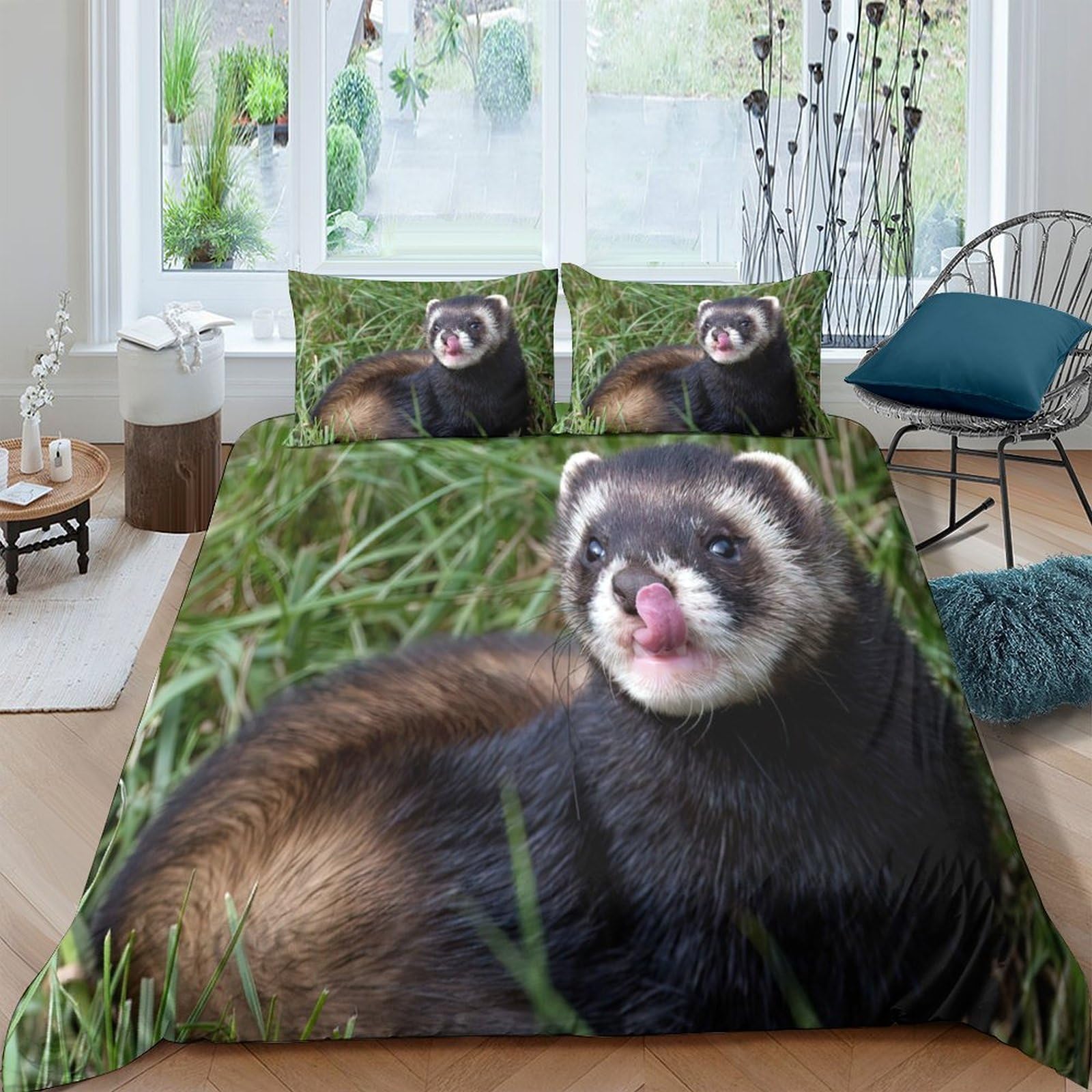 GPLZQXKJNH 3D Printed Ferret Grass Duvet Cover Microfiber Soft Breathable Animal Bedding Set with 2 Pillowcases for Bedroom Decor Single（135x200cm）