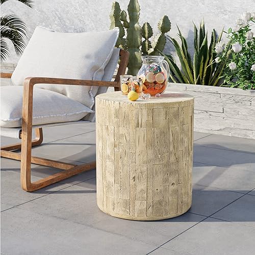COSIEST Mesa auxiliar para exteriores, mesa auxiliar de mosaico MgO para patio, mesa auxiliar cilíndrica ligera, soporte redondo para plantas para