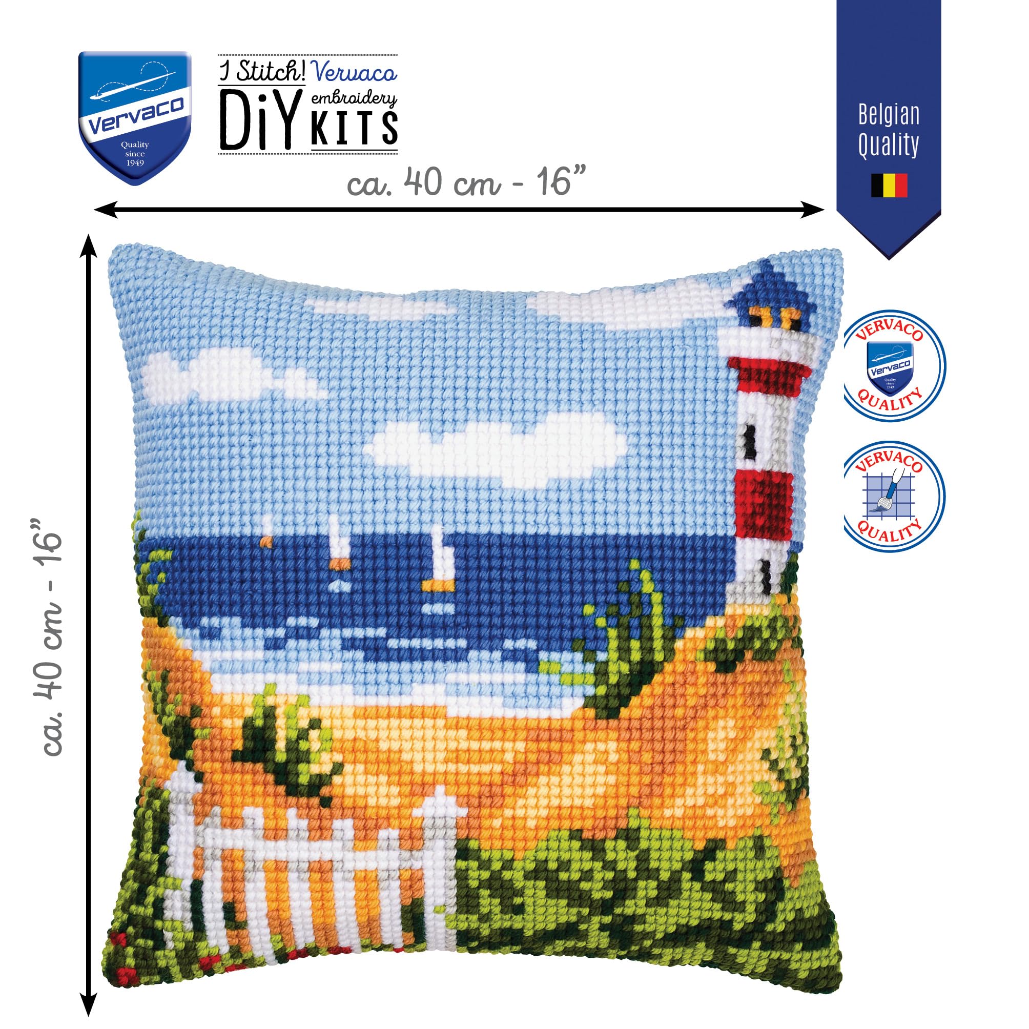 Vervaco Kit coussin au point de croix La plage au phare ,40 x 40 cm, Écru, Couleurs Variées