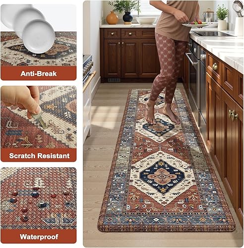 Vista 280 de KIMODE - Juego de 2 tapetes de cocina bohemios, antifatiga, antideslizantes, impermeables, ergonómicos, acolchados, cómodos, para lavandería, Caqui