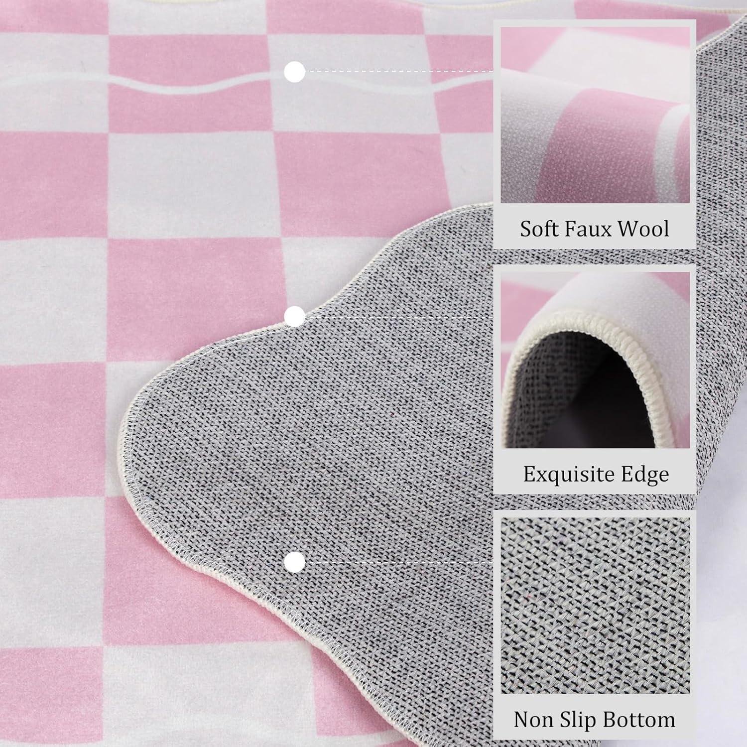 Checkered Bow Rugs for Entryway 2X3, Pink Rug for Bedroom Girls, Washable Small Indoor Door Mat, Soft Low Pile Non Slip Cute Scalloped Rug for Kitchen Bathroom Entrance Nursery Dorm