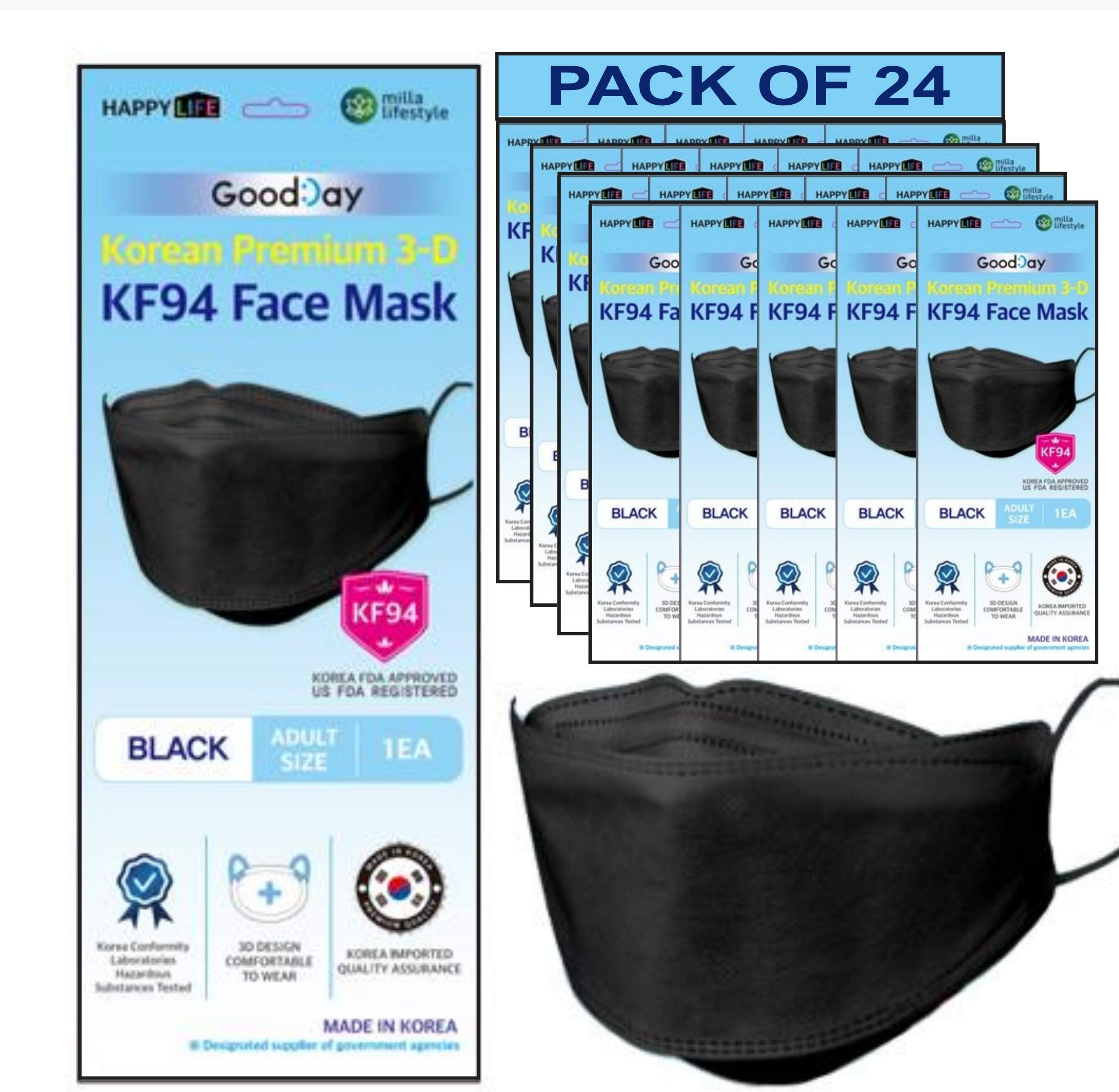 [Happy Life] Premium 3D Black KF94 Face Mask, Good Day