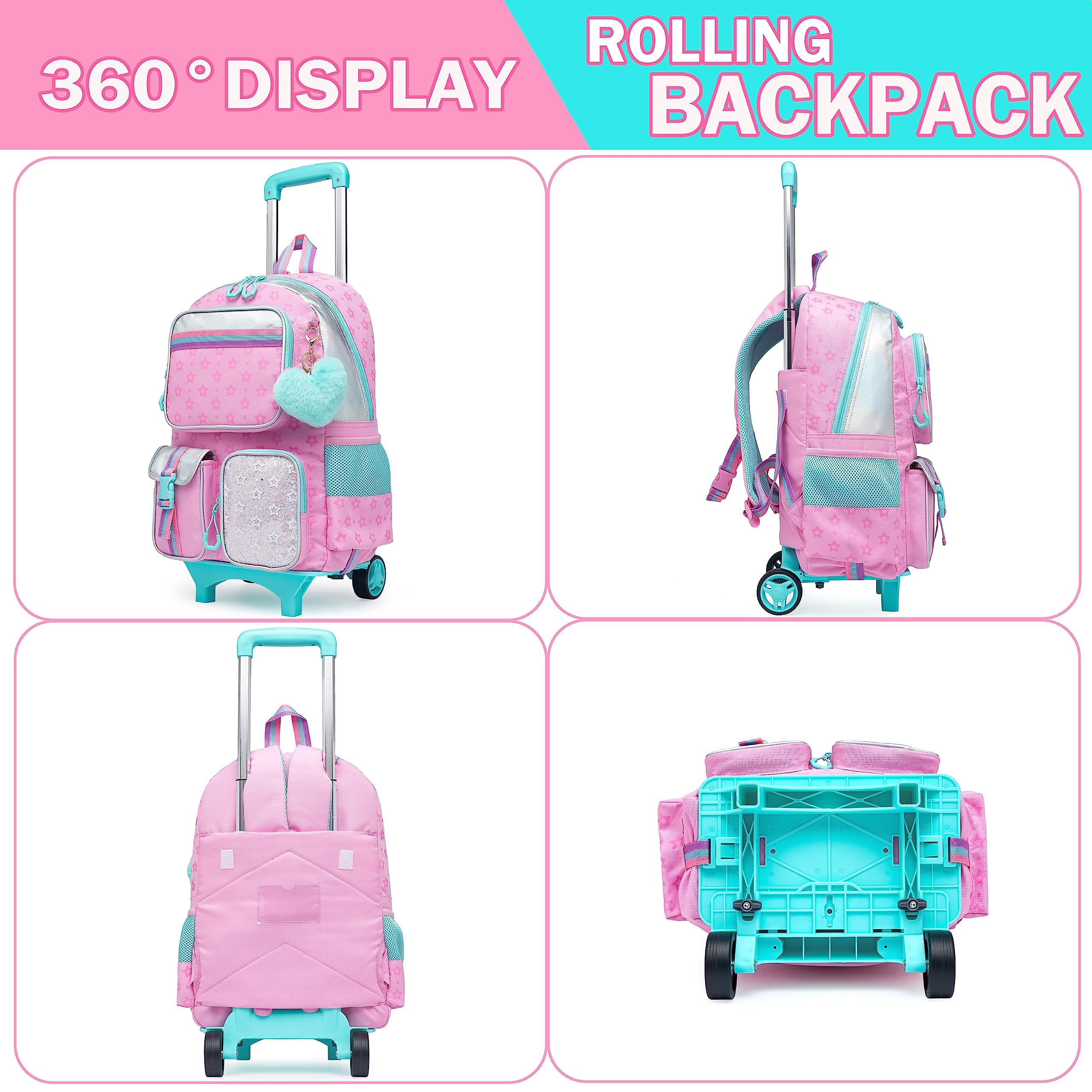 Meetbelify Einhorn Rollrucksack für Mädchen 5 in 1 Grundschüler Schule Rucksäcke mit Rädern Reisegepäck 17 Zoll Kinder Laptoptasche mit Brotdose für Teenager Mädchen