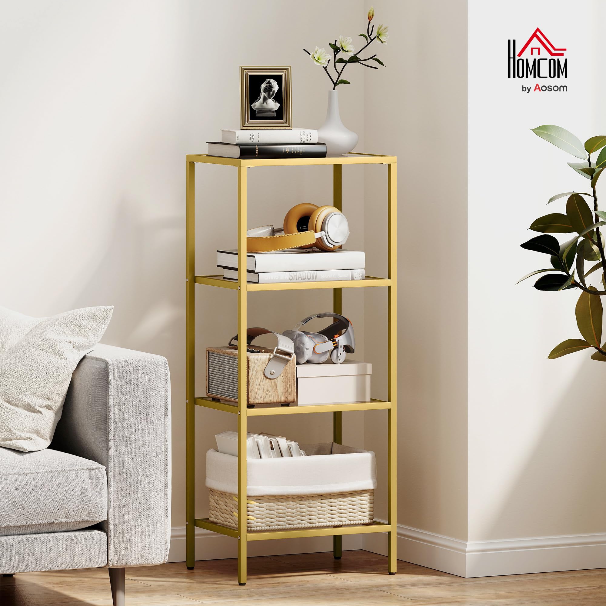 HOMCOM 4-stöckiges Glasregal modern 40x30x97 cm Goldfarben