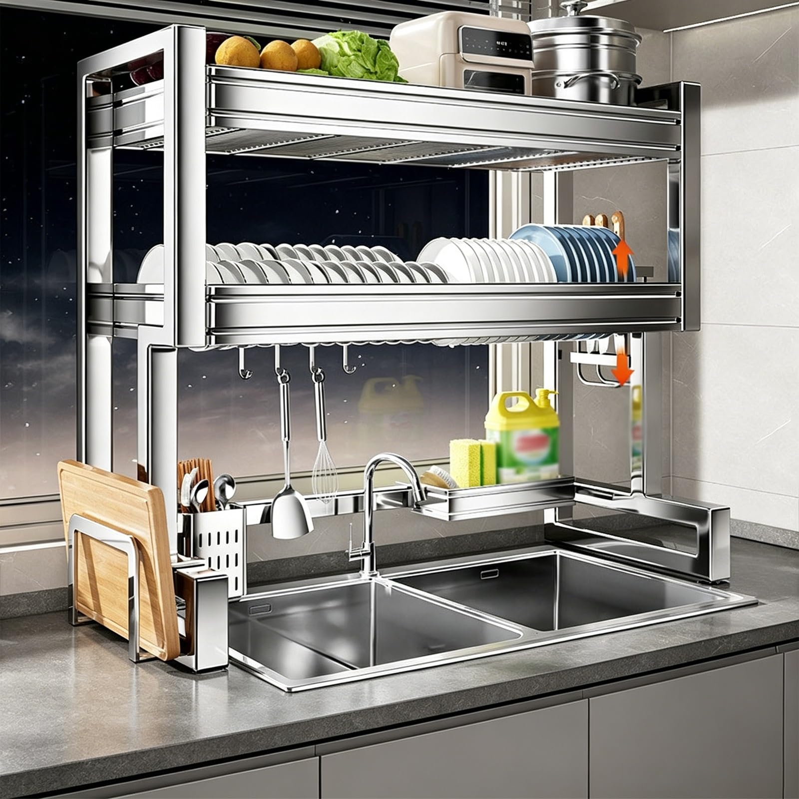 Escurridor de platos de acero inoxidable 304, extensible de 2 niveles con soporte para utensilios, ideal para platos, vasos y cubiertos, diseño que ahorra espacio