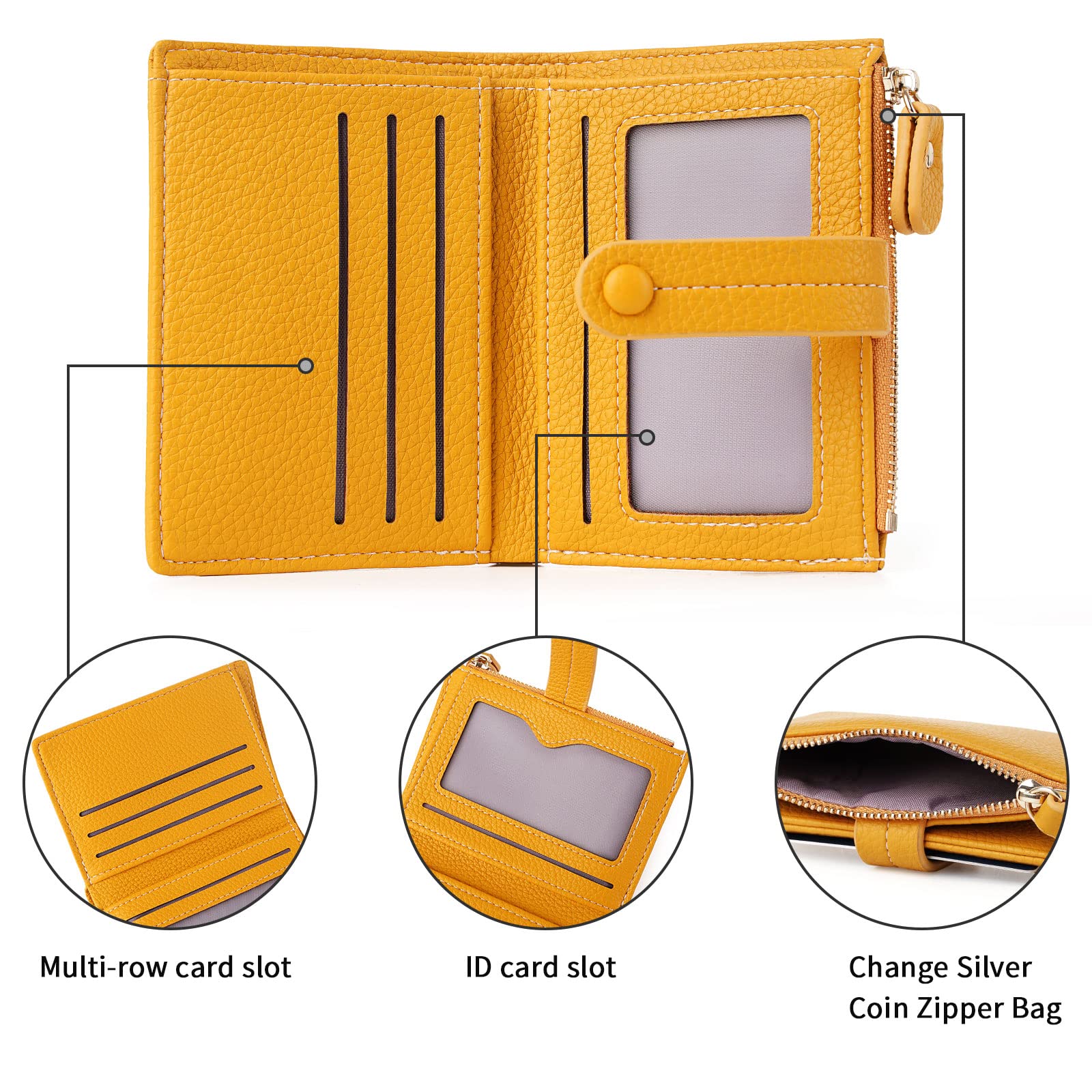 HKCLUF Portafoglio Donna Pelle Piccolo Blocco RFID Portamonete Cerniera Porta Carte di Credito Tanti Scomparti(A02-Giallo)