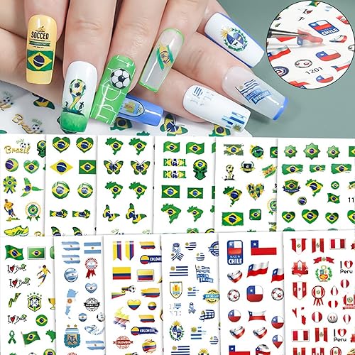 12 hojas de calcomanías de arte de uñas para copa europea en 3D autoadhesivas bandera de fútbol americano logotipo del equipo nacional diseño de