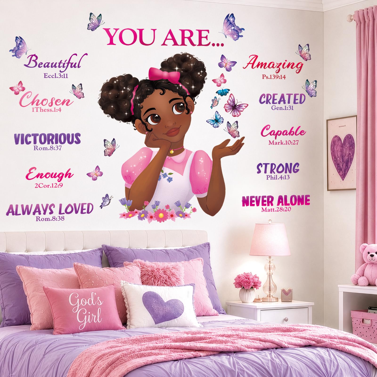 DECOWALL SG2-2315 Black Girl Magic Wall Stickers Decals Girls Bedroom Butterfly Kids Room Art Toddler Decorations Butterflies Baby Nursery Afro Door Wallpaper Pink