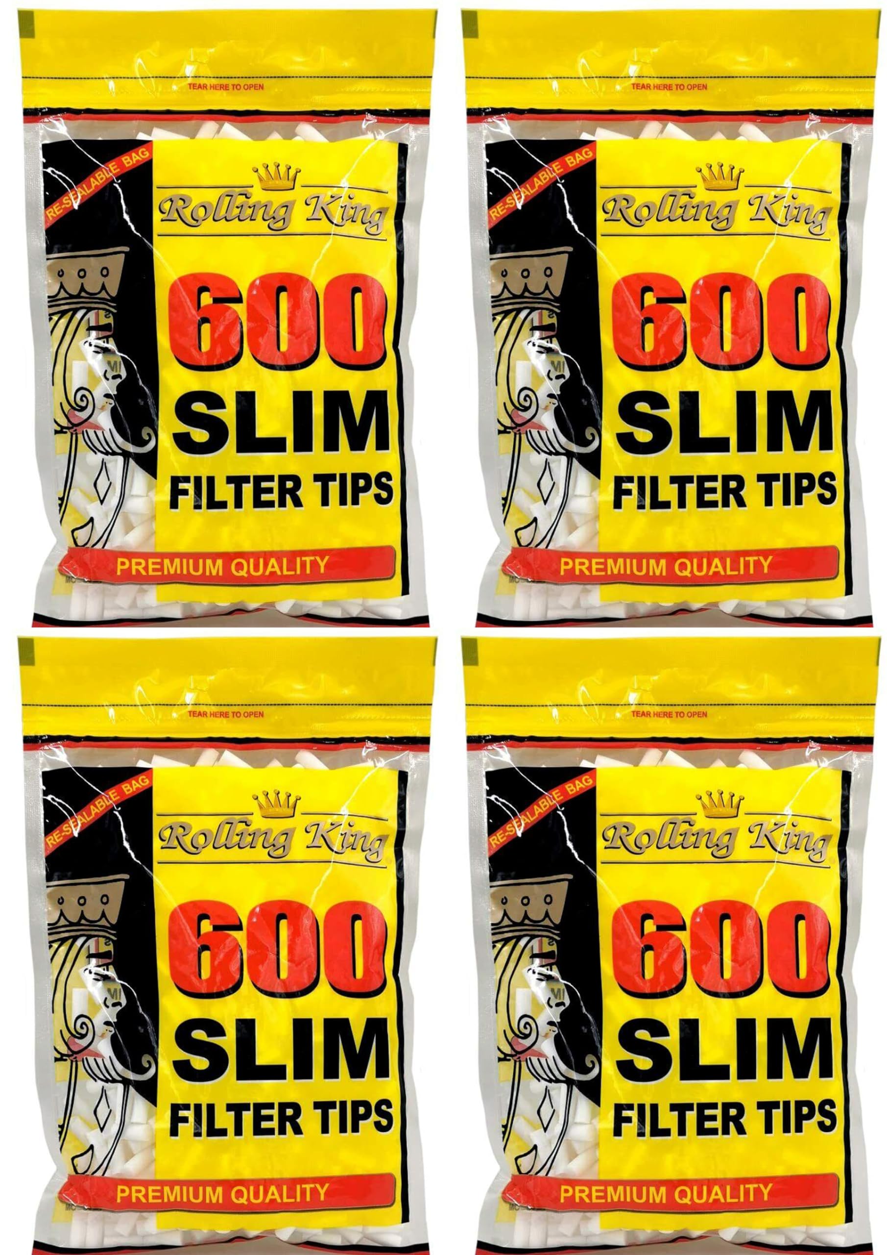 2400 (4 x 600) Rolling King Slim Filter Tips - 600 Tips per Bag - Resealable Bags - Bulk Deal