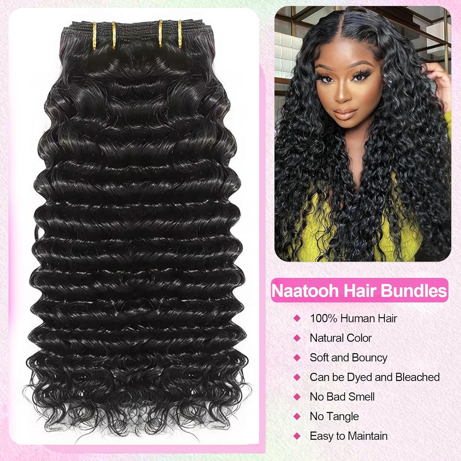 12A Deep Wave Bundles Human Hair Brazilian Remy hair Bundles 100% Unprocessed Virgin Deep Curly 3 Bundles 16 18 20 Inch Human Hair Extensions Quick Weave Natural Color