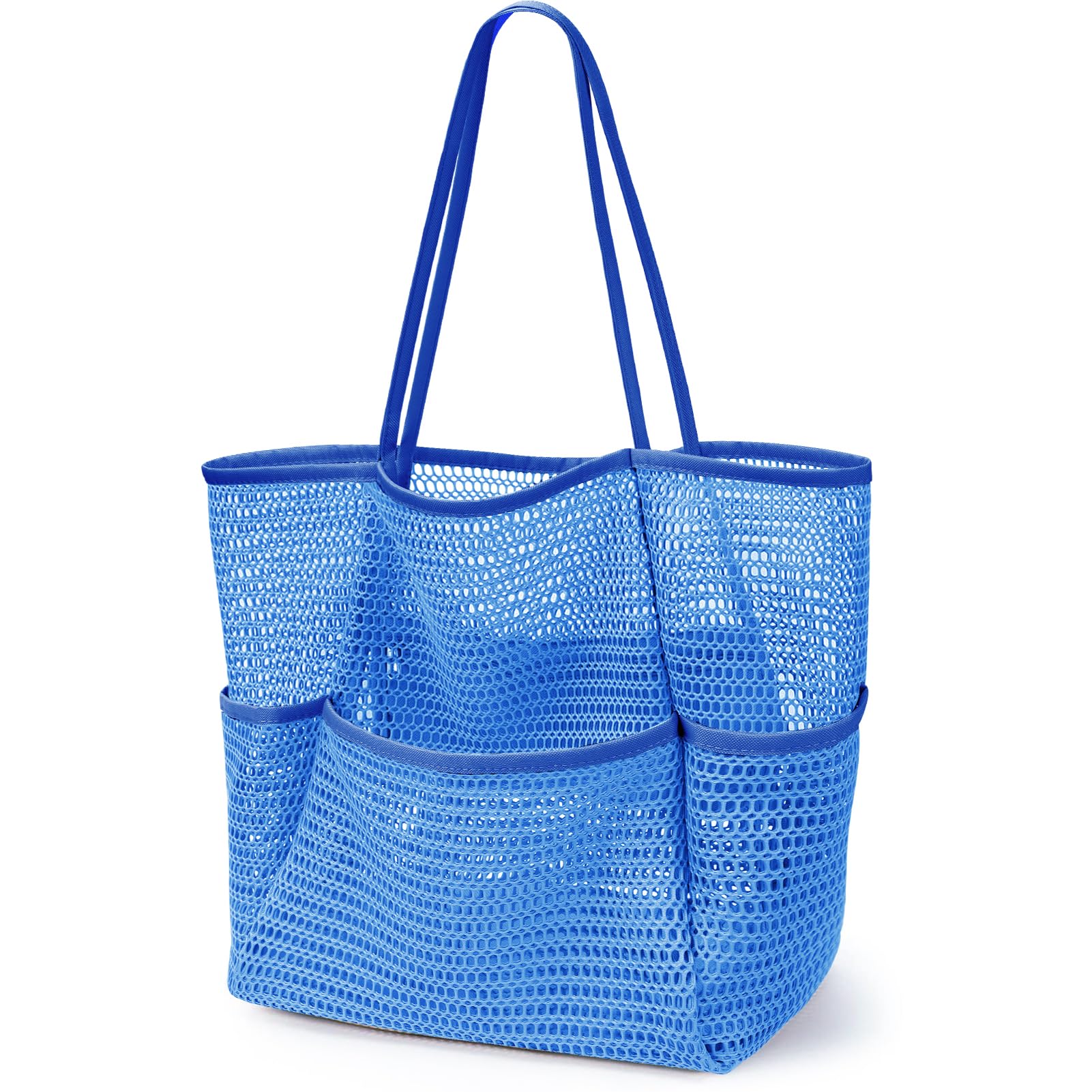 KPX Beach Bag with Mini Pocket, Summer Beach Tote Bags for Women Large Foldable Mesh Swimming Pool Travel Bags - Sandproof (Ocean Blue)