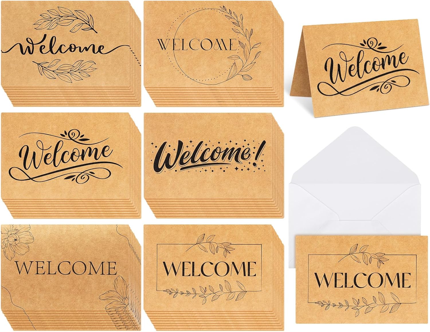 54 Sets Welcome Cards for Guests with Envelopes 4 x 6 Inch Kraft Brown Rustic Blank Notecards & Envelopes Blank Floral Cards for Guests & Employees Wedding