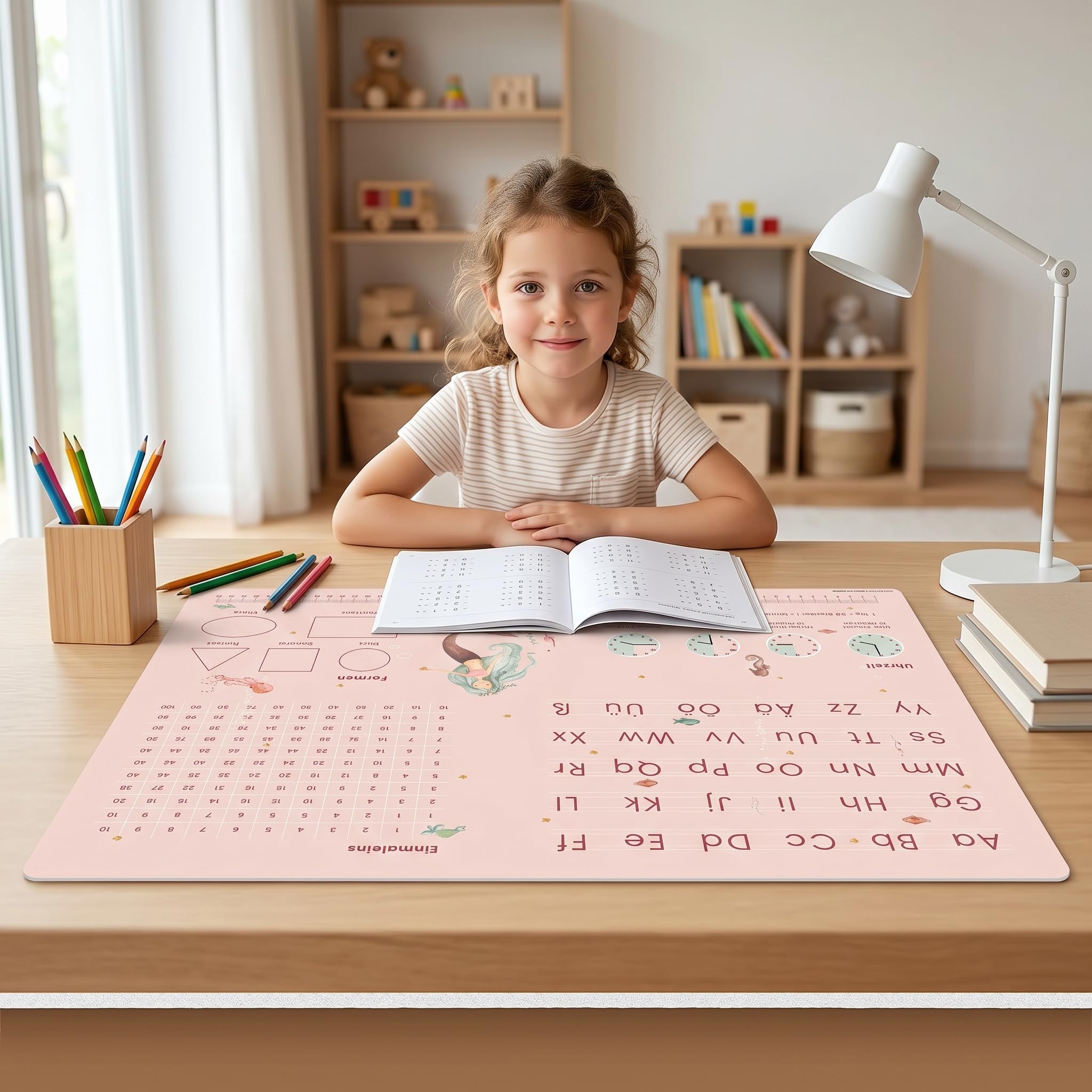 Pädagogische Schreibtischunterlage – Meerjungfrau Nixe – ABC & 1x1 – 60x40 cm – abwischbares Premium-Vinyl – Lernunterlage von Lehrern zur Einschulung empfohlen – Made in Germany