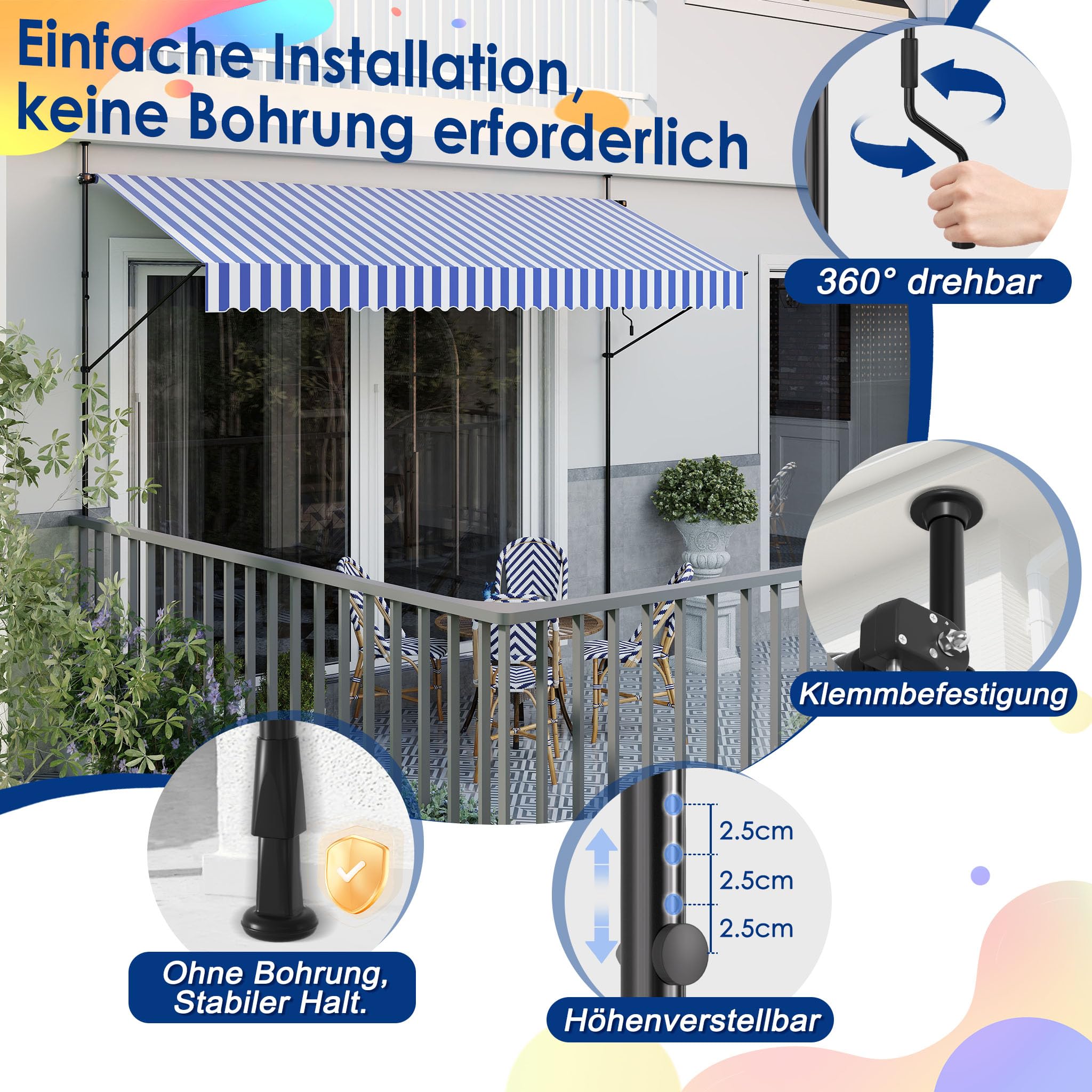 Amazon.de: YRHome Klemmmarkise Markise Balkon mit Handkurbel 200cm breit-  Balkonmarkise ohne Bohren Hhenverstellbar, Sonnenschutz, wasserdicht  Blau-wei 250cm