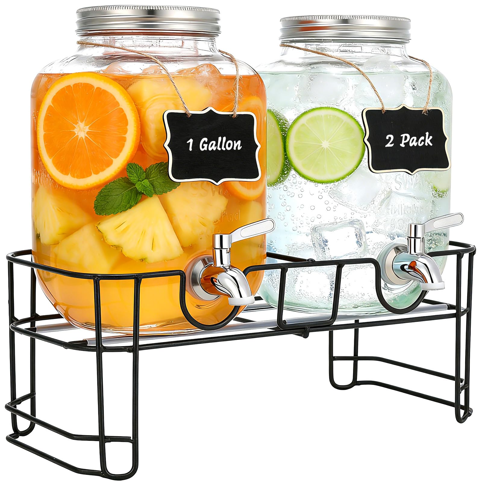 View 1 of 1 Gallon Glass Beverage Dispenser, 2 Pack Glass Drink Dispensers for Parties with Stand, Lid&Stainless Steel Spigot, Lemonade Dispenser With Ice Cylinder for Weddings, Sun Tea Jar, Juice Dispensers