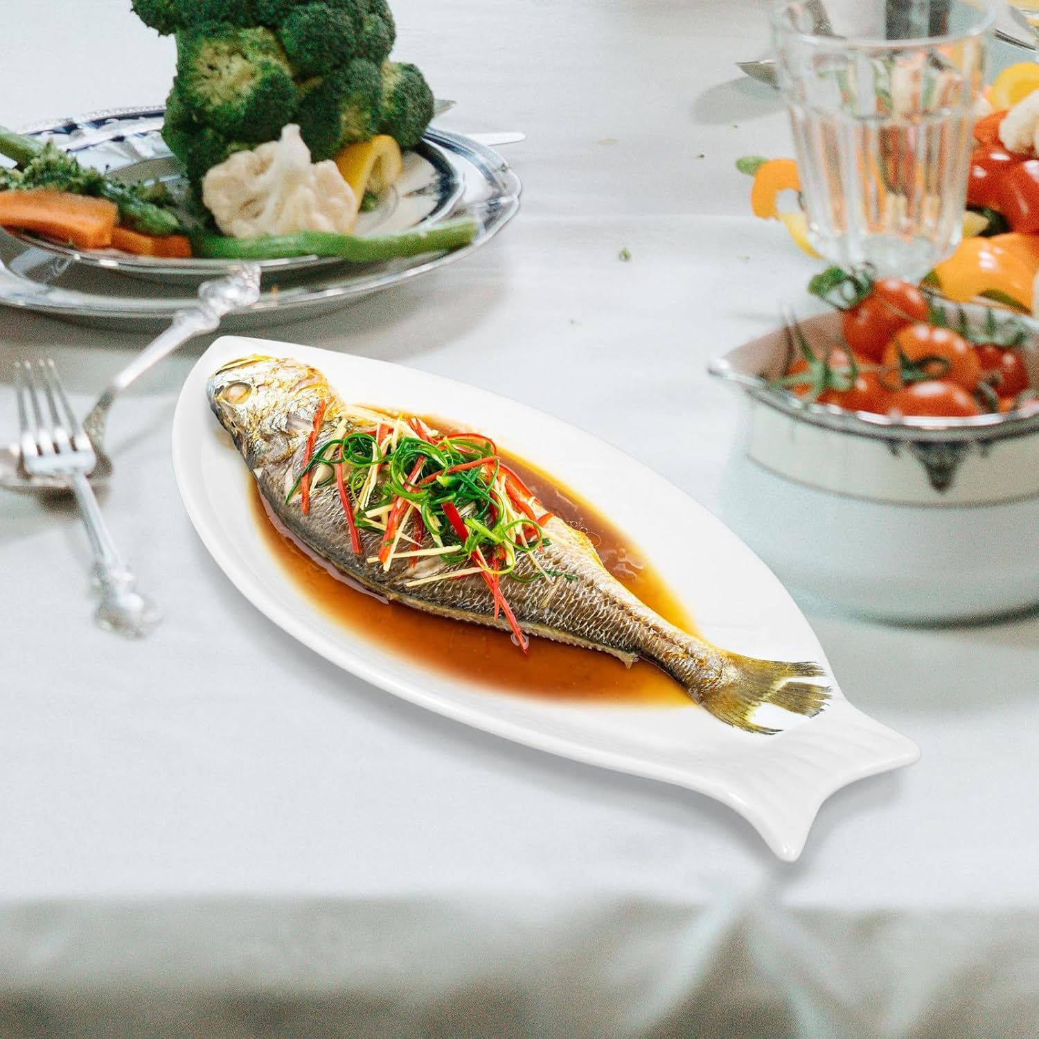 VILLCASE Ceramic Fish Plate White Porcelain Serving Dish for Buffet