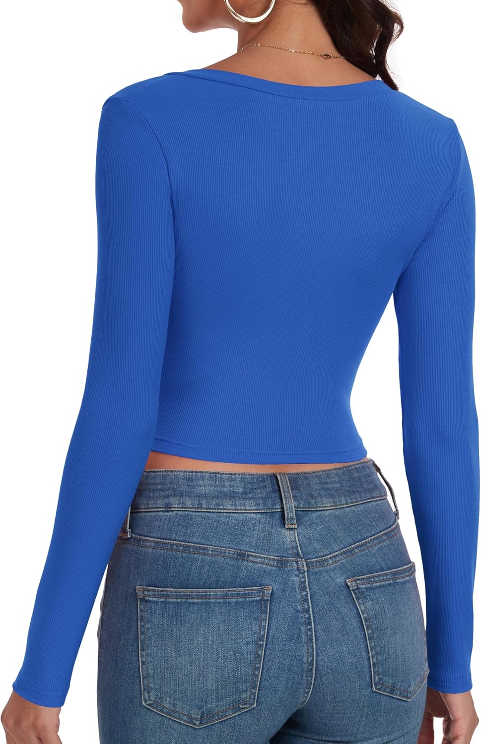 Artfish Women's Long Sleeve V Neck Crop Top Ribbed Knit Slim Fitted Basic T-Shirts - Image 2