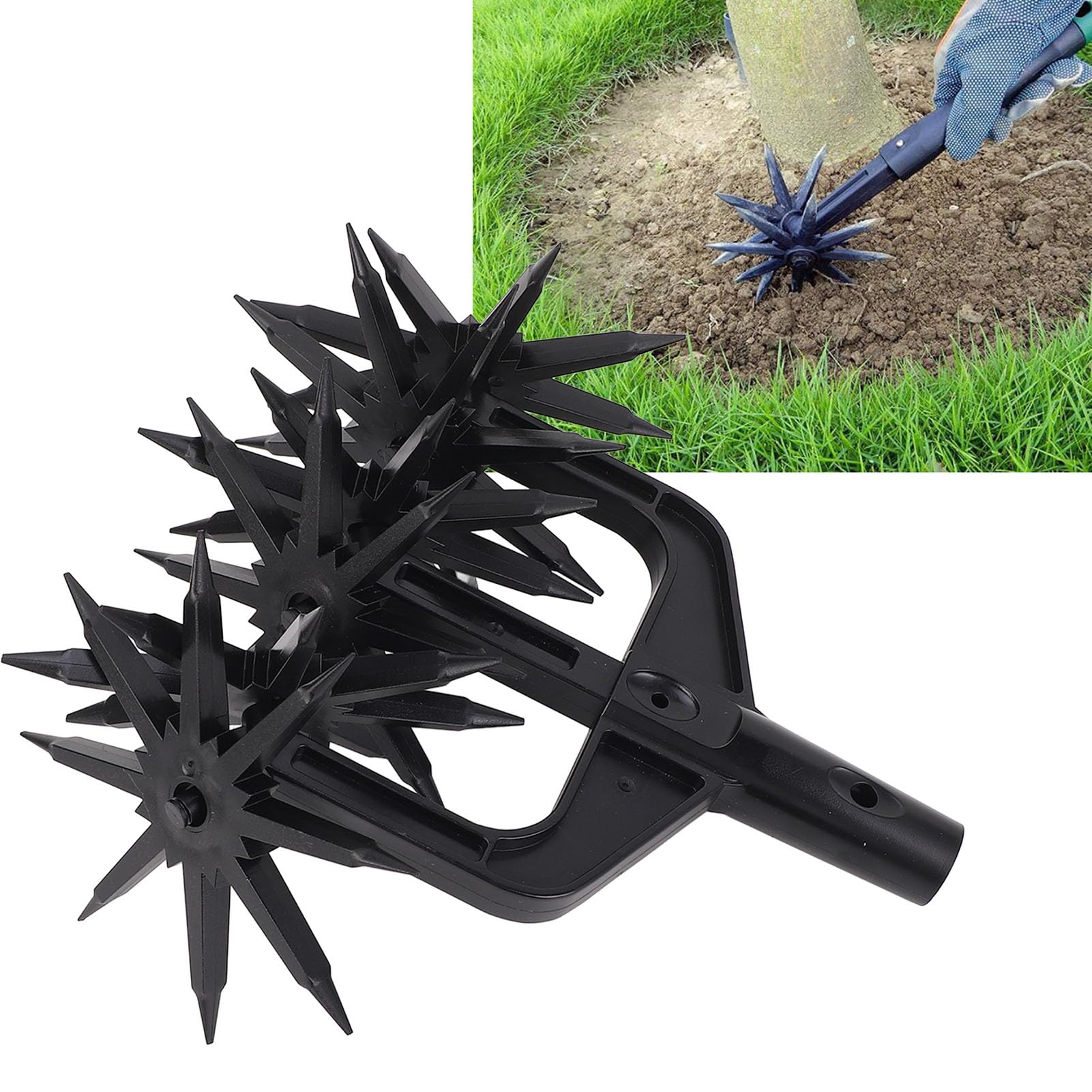 Cultivador Rotativo de Jardín, Cimor de Mano Ajustable con Ruedas de Plástico Desmontables y Largas Picos, Herramienta de Cultivador del Suelo para la Aireación