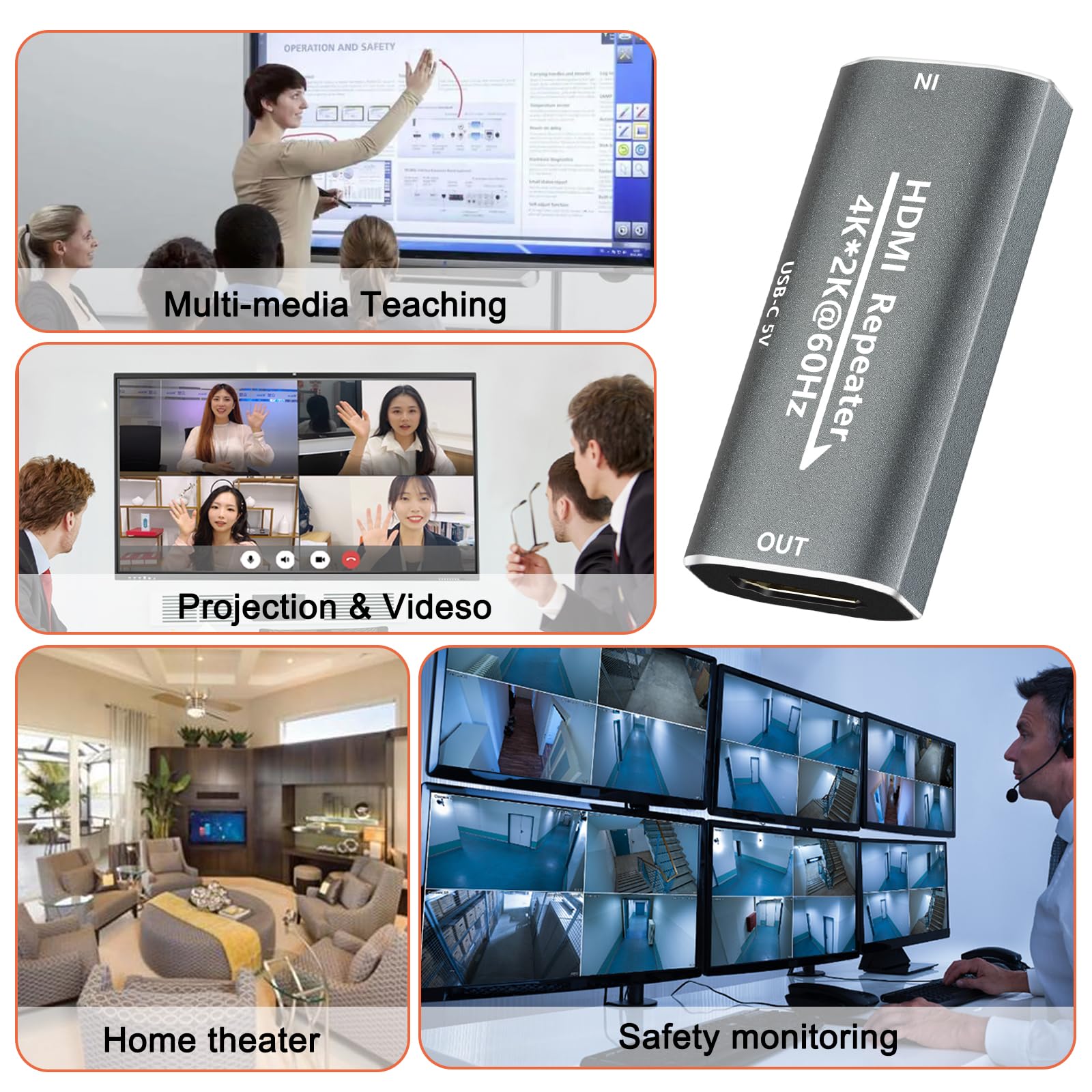 Ripetitore di segnale amplificatore HDMI – 4K @ 60Hz 25M / 1080P 145FT Extender, HDMI femmina a femmina Plug & Play, per gaming/home theater/uso ufficio con porta di alimentazione USB-C