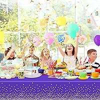 Vista 4 de 2 manteles de plástico morado y dorado para mesa rectangular de 8 pies, 54 x 108 pulgadas, fundas desechables de mesa de fiesta con lunares dorados