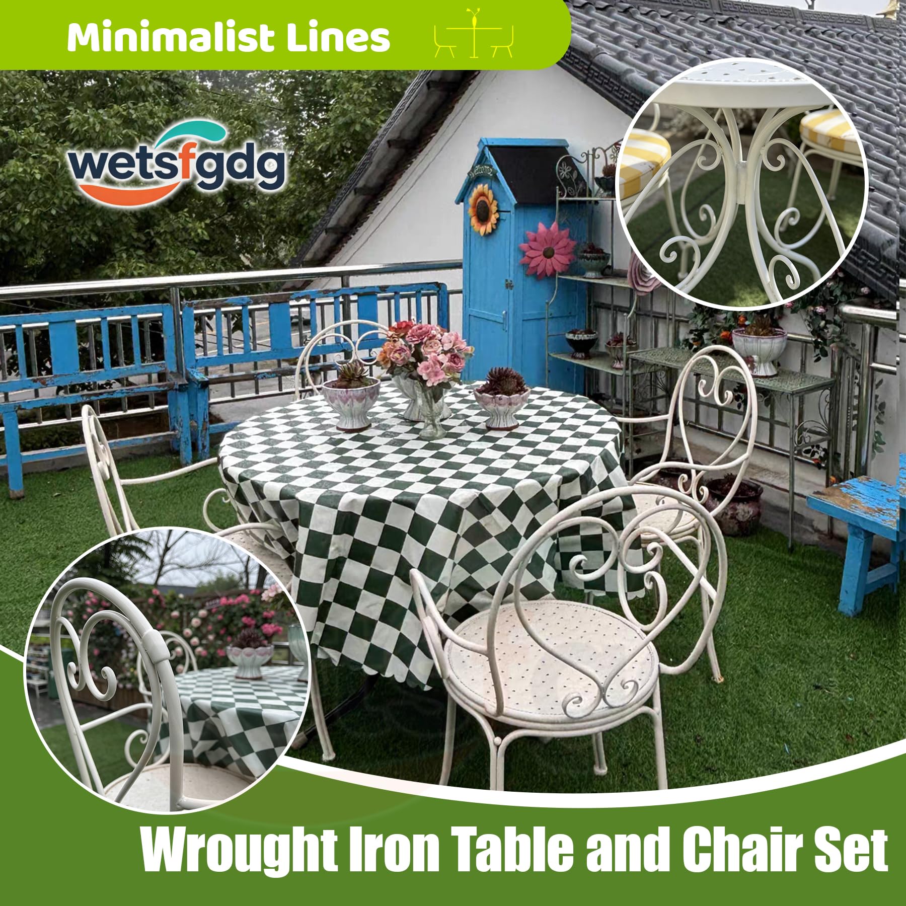 Set Tavolo e Sedie da Giardino,Set Bistrot per 2 Persone,Impilabili e Smontabili,Design Country Vintage, Montaggio con 4 Dadi, Per Giardino, Balcone e Campeggio(Bianco)