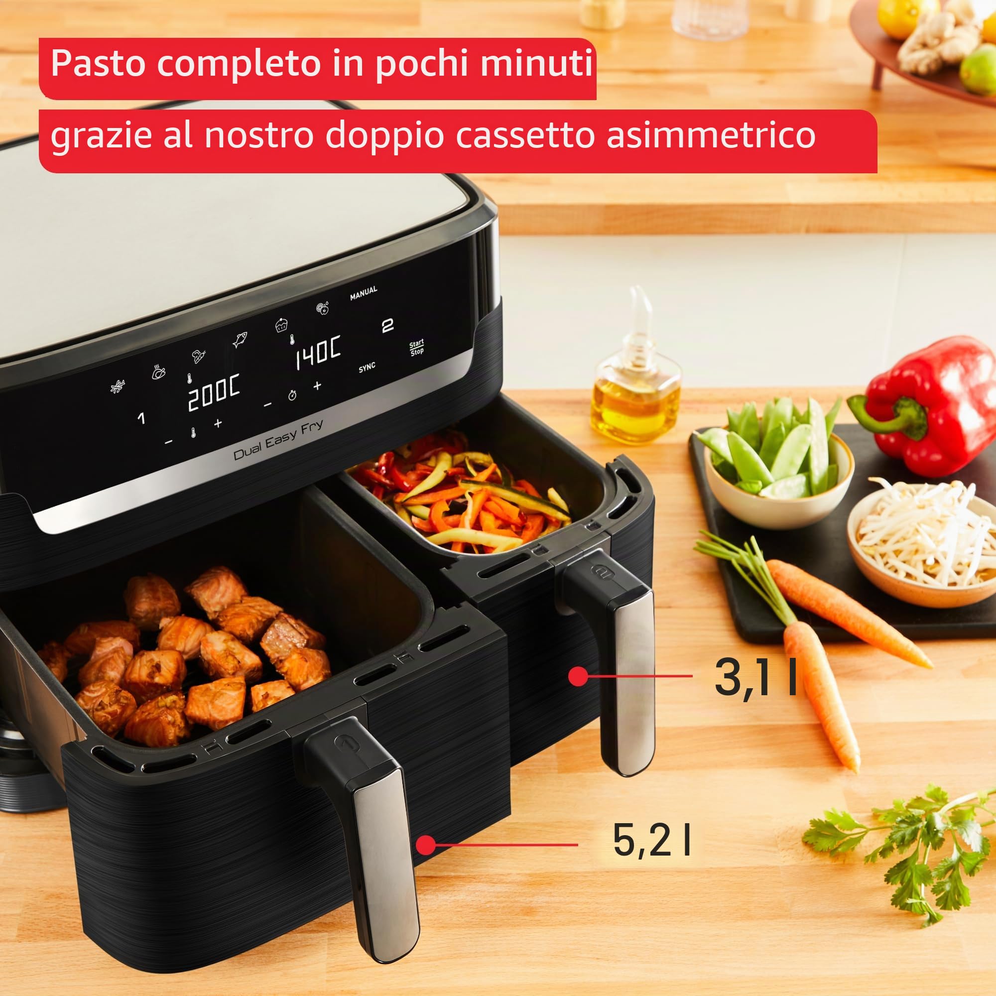 Tefal Friggitrice ad aria a doppia camera EY901810 Dual Easy Fry | Capacità 5,2/3,1 L | Due cassetti indipendenti | 7 programmi automatici | Risparmio energetico | Nero
