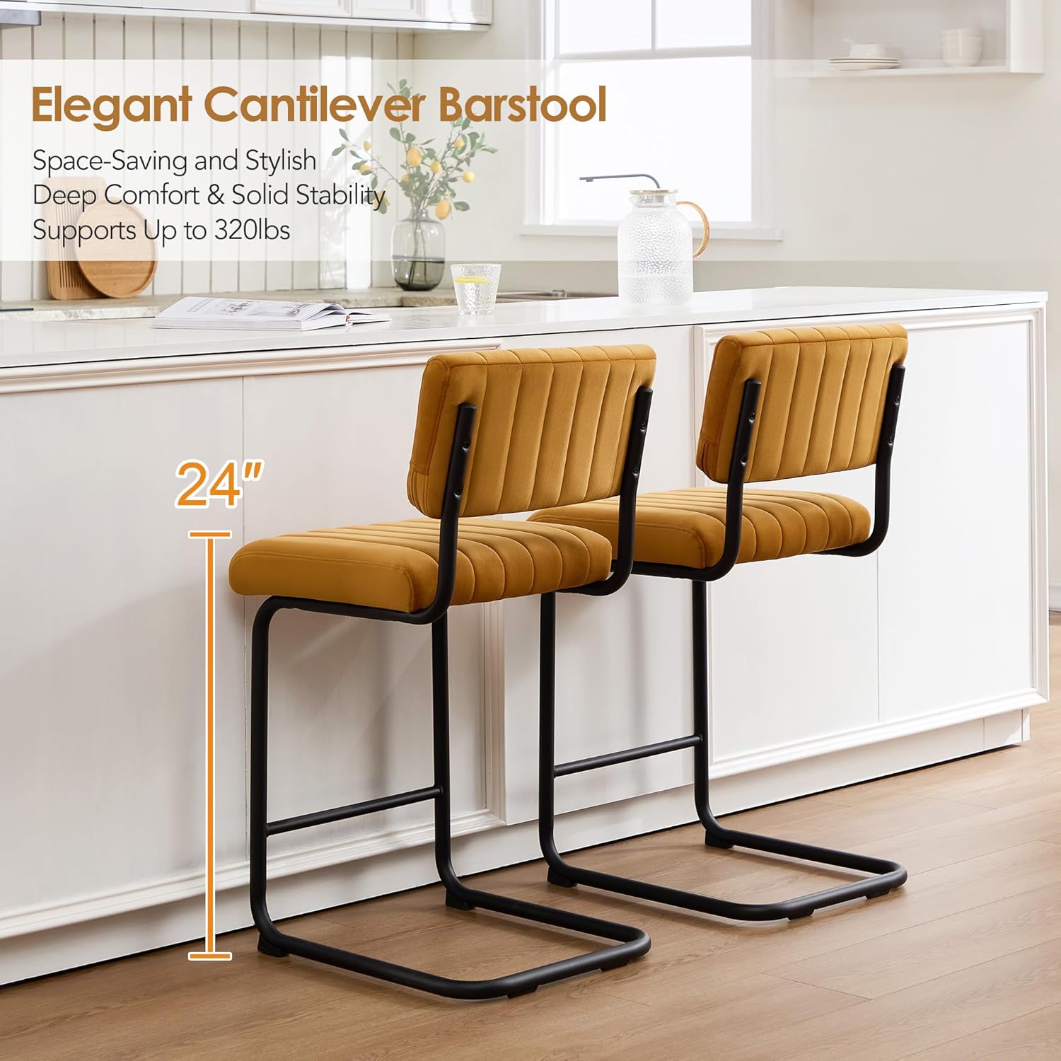 ONEVOG 24 Inch Counter Bar Stools Set of 2, Mid-Century Modern Counter Height Cantilever Bar Chairs for Kitchen Island, Upholstered Velvet Fabric Barstools with Back and Matte Black Metal Legs, Orange