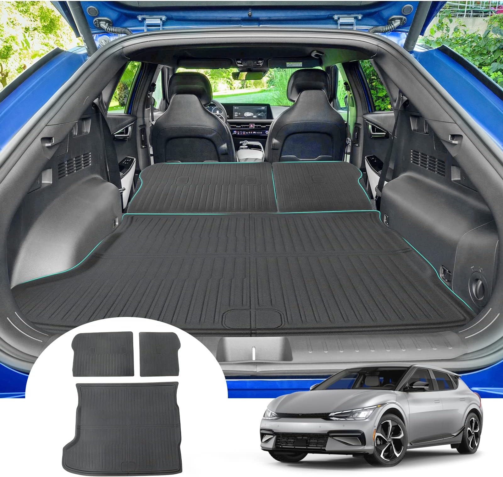 [3 PCS] GAFAT Ki-a EV6 /GT/GT Line/Facelift 2021-2025 2026 Boot Mats + Rear Seat 360° Protection, XPE All-Weather Boot Liner Foldable, High Edge Original 3D-Scan, Compatible with Kia EV6 Accessories