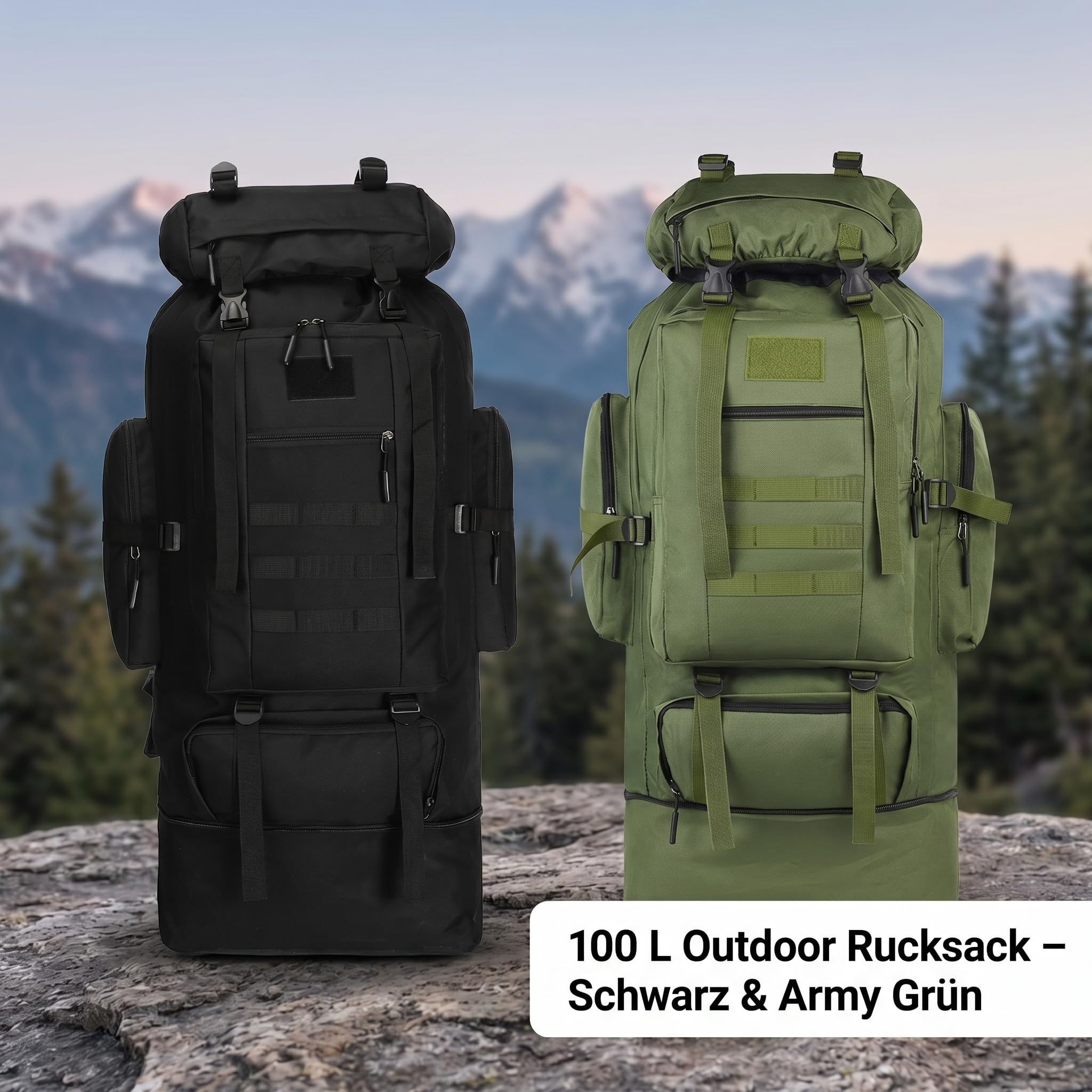 100 L Trekkingrucksack & Wanderrucksack – Großer Outdoor Rucksack für Camping, Reisen & Abenteuer, Ergonomisch, Wasserabweisend, Robust – Schwarz & Army Grün