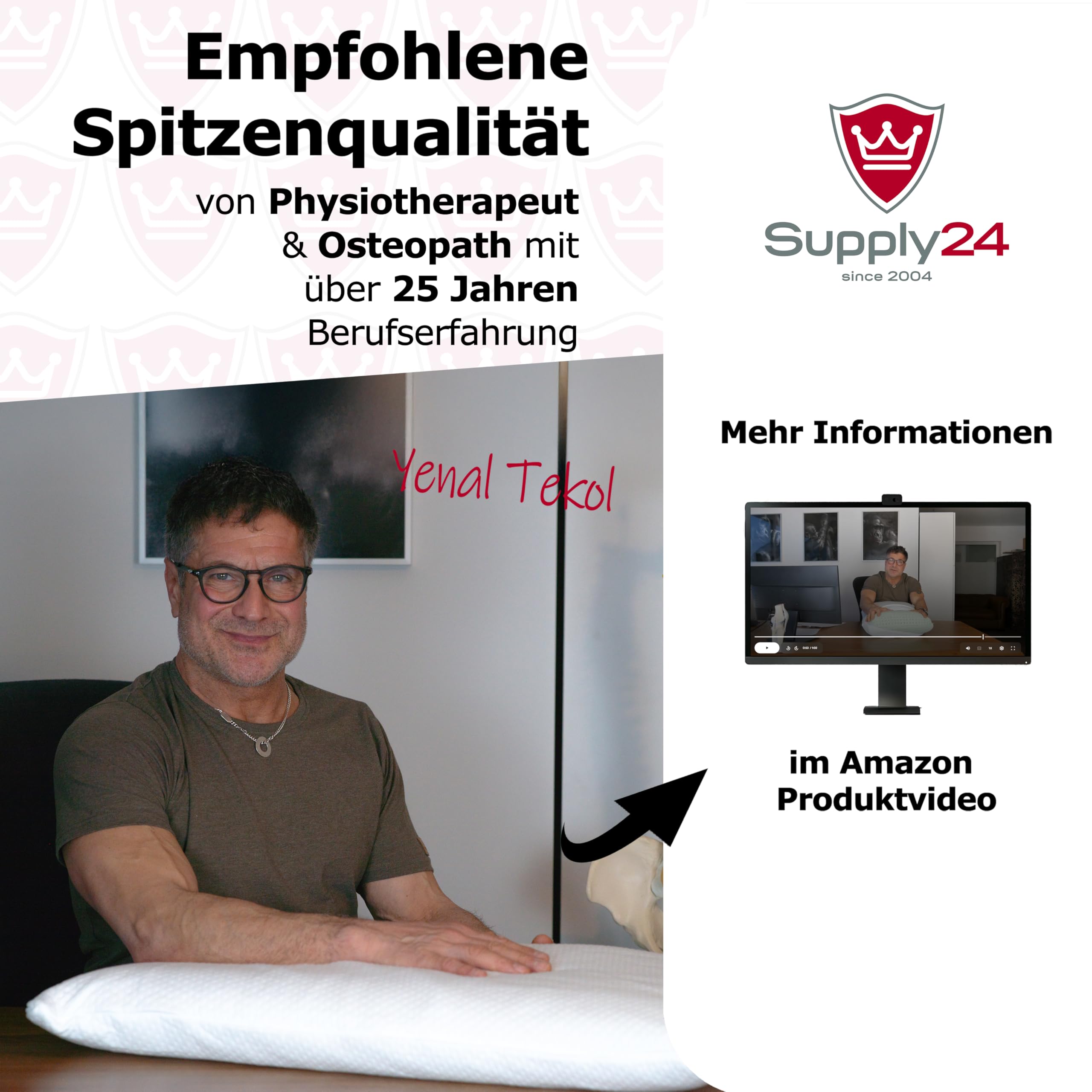 Supply24 since 2004 Orthopädisches 80x40 cm Gelschaum Kopfkissen – Made in Italy | Atmungsaktiv mit Klimabohrungen | Feiner Baumwollbezug & bequemer Polyester-Außenbezug (Weiß, Höhe: 9 cm)