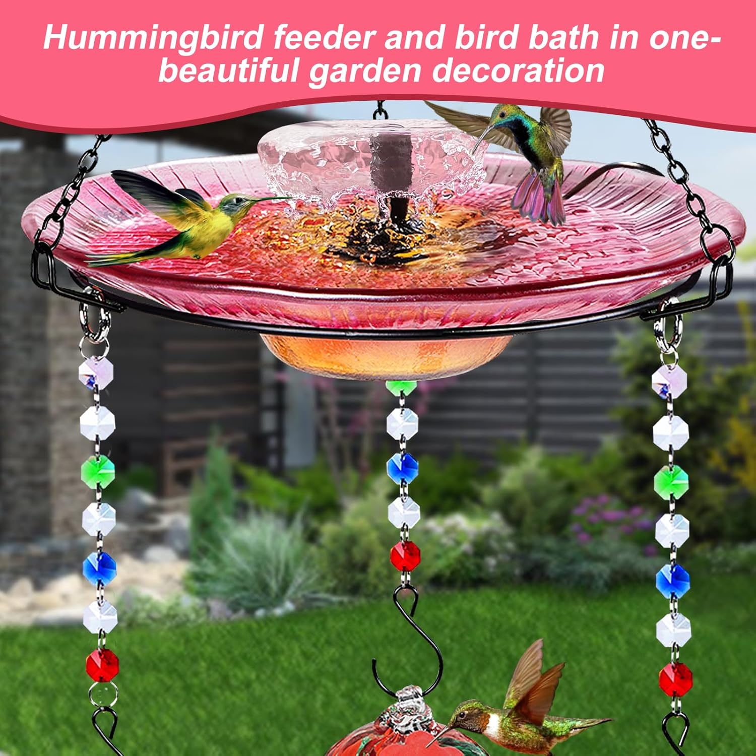 Hummingbird Feeder Glass with Hanging Bird Bath for Outside Combo Set,12 Fluid Ounces,Solar Hummingbird Bath with Fountain (11inch),Backyard, Patio Garden Yard Decoration (Red)