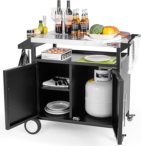 Mesa de parrilla al aire libre, mesa de preparación y barra movible para almacenamiento, parrilla y horno de pizza, multifuncional, plateado y negro