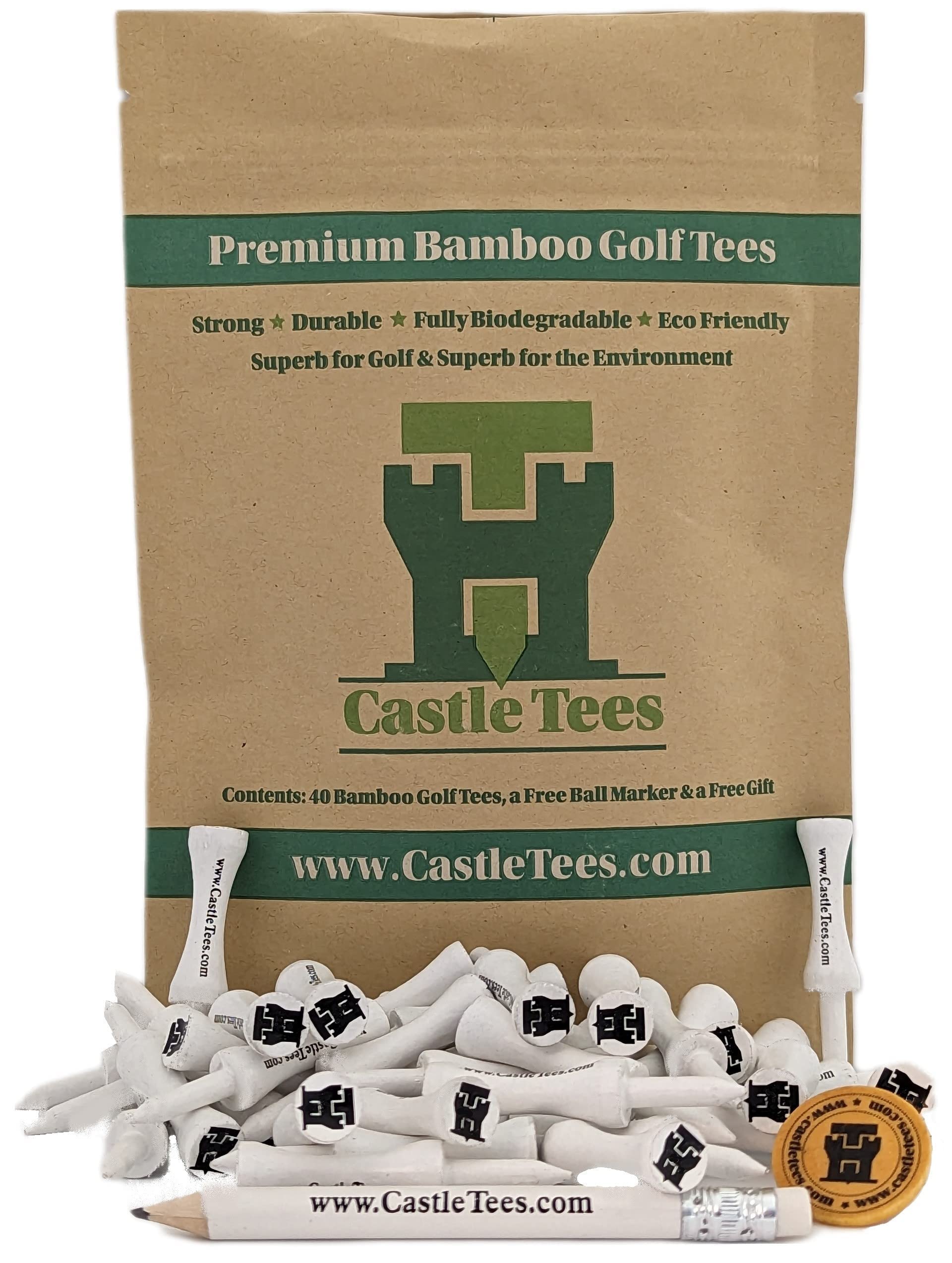 Castle Tees White 50 x 51mm 2 inch White Premium Bamboo Golf Tees Free Pitch Repair Tool