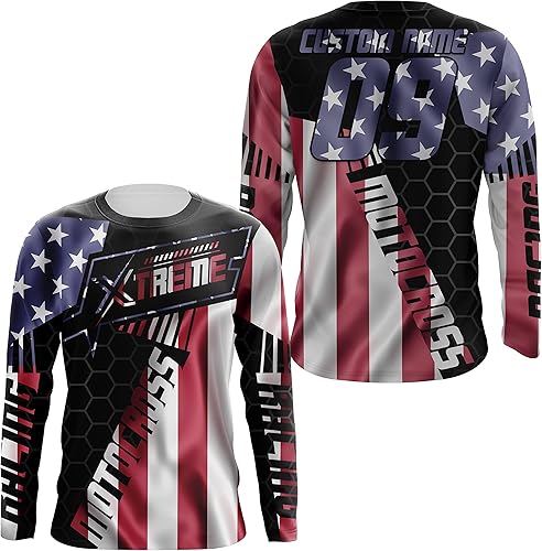 Miniatura 8 de Camiseta de motocross con la bandera estadounidense UPF30+ personalizada patriótica para adultos y jóvenes