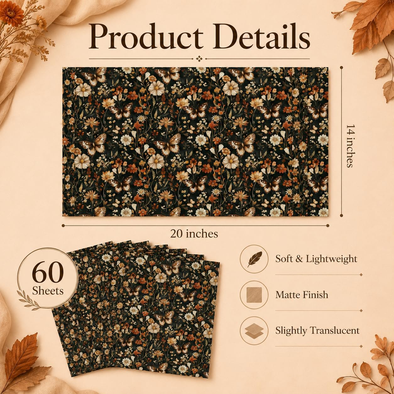 60 Sheets Floral Butterfly Tissue Paper Bulk, 13.8'' x 19.7'' Rust Brown Dried Flowers Butterflies Art Crafts Paper for Spring Easter Birthday Bridal Shower Party Supplies, 10 Colors (A)