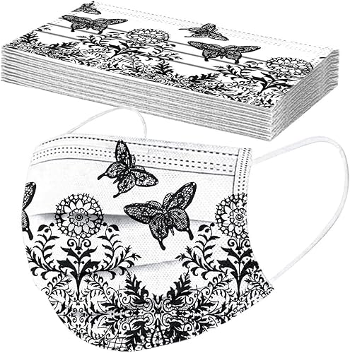 Miniatura 5 de Paquete de 50 mascarillas desechables con patrón de encaje con filtro facial de 3 capas con cinta elástica para las orejas, transpirables con patrón