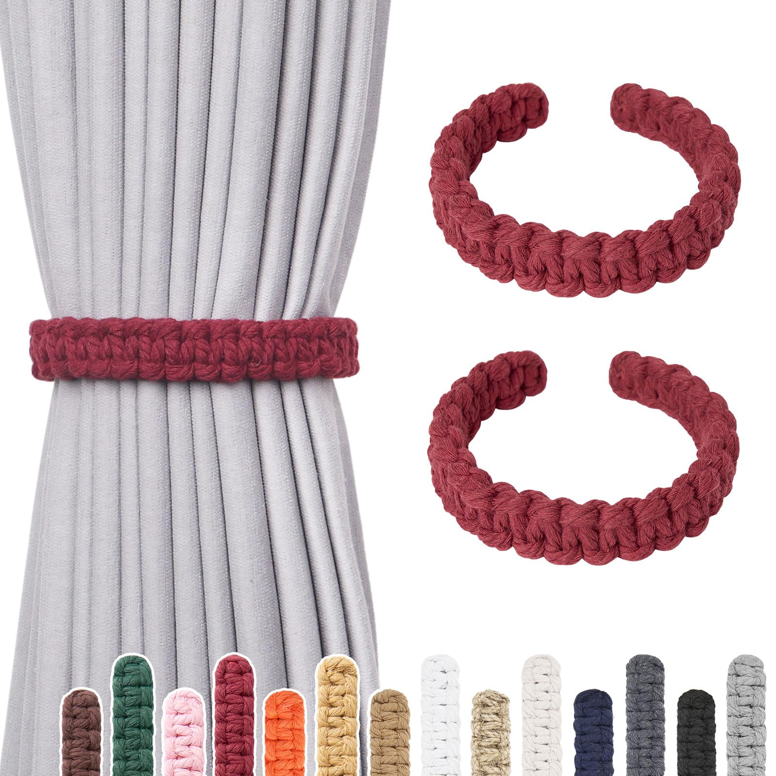 Pretty Jolly 2 Pack Natural Cotton Rope Curtain Tiebacks Farmhouse Rustic Style Decorative Drape Tie Backs Handmade Braided Curtain Holdbacks for Home Sheer/Light Weight Drapery (C-Wine Red-L)