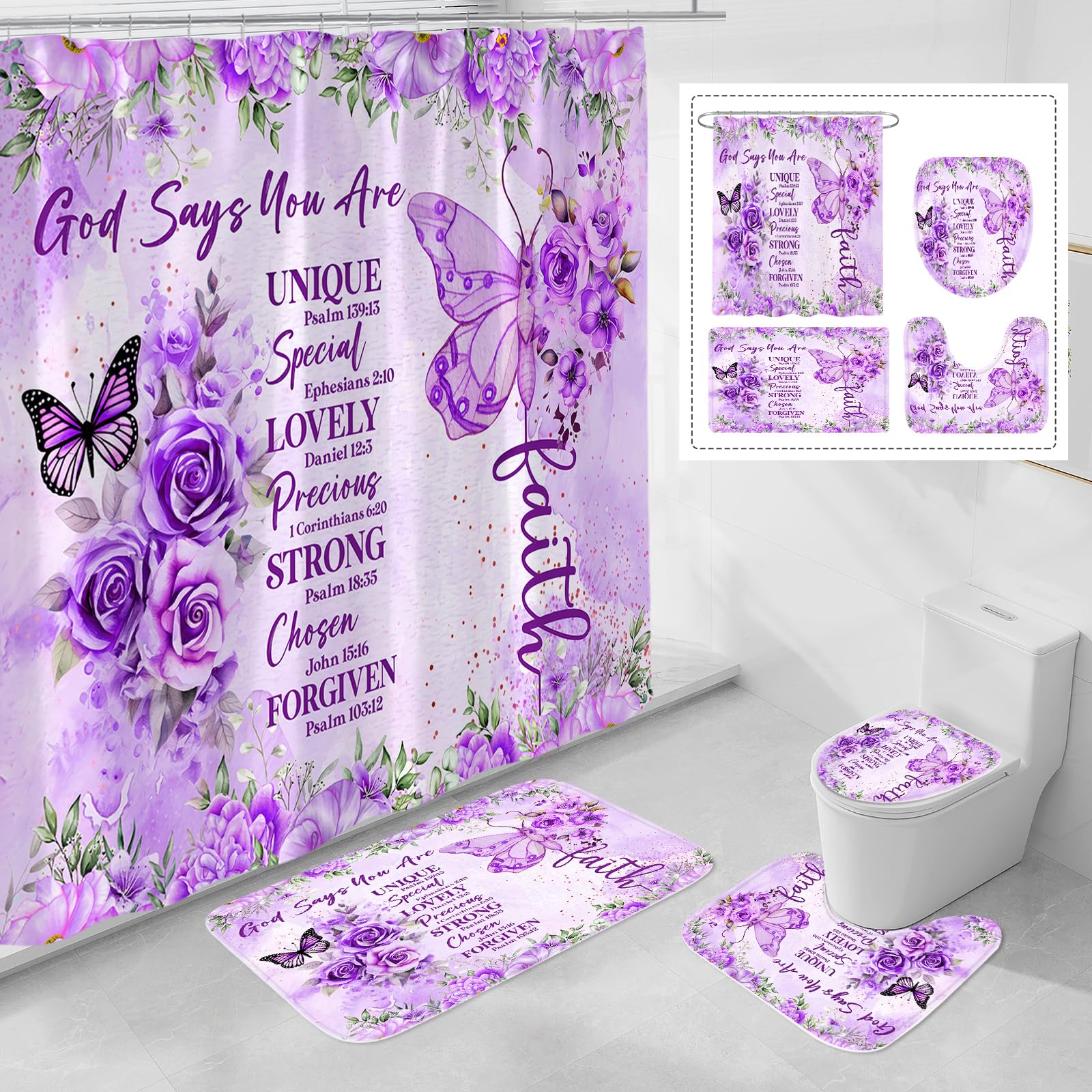 Litabel 4 Pcs Purple Butterfly Inspirational Quotes Shower Curtain Set with Rugs and Toilet Lid Cover, Colorful Boho Waterproof Fabric Bathroom Set,