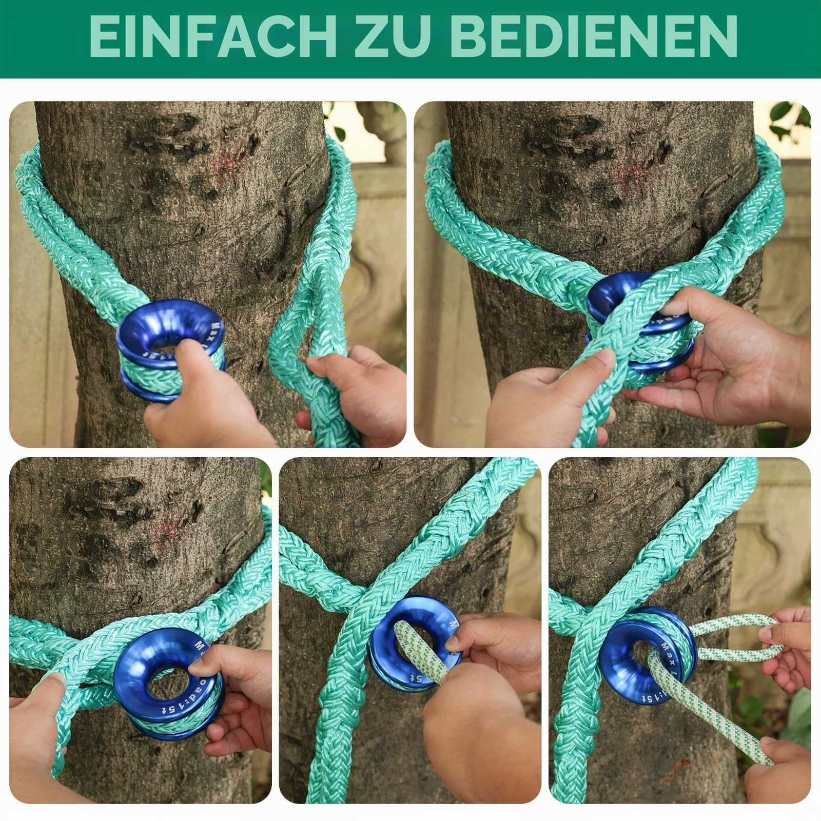 Hebeseil mit Ring für Baumpflegearbeiten, 3,5 cm x 210 cm, 70 kN,Aluminiumring mit 7 Verstelltaschen, robustes grünes Polyester,Reibungsarm Takeling-Ringschlingenseil für Baumarbeiten,Kronenanker