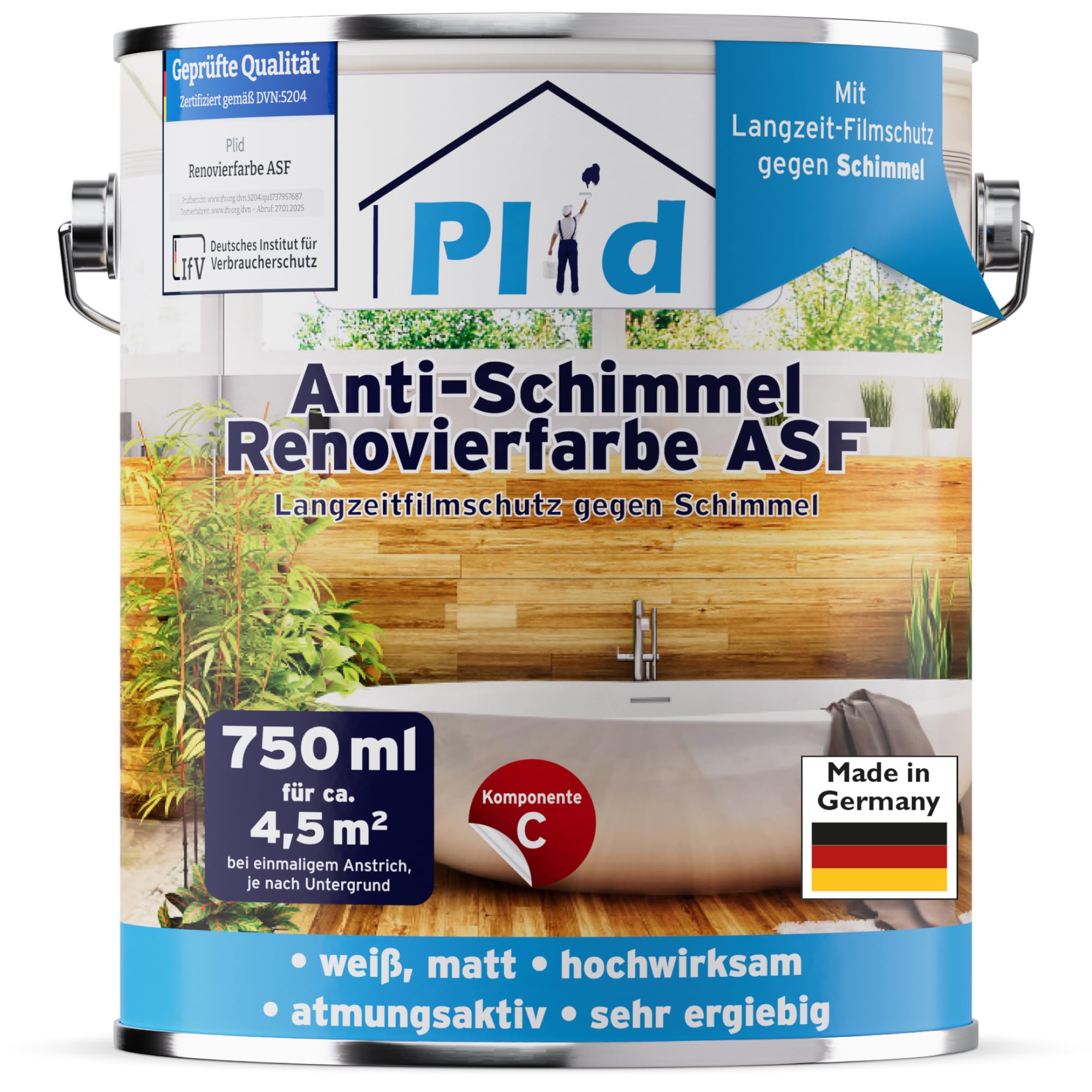 Plid® Anti Schimmel Renovierfarbe Innen Weiß 0,75L [FÜR ALLE WÄNDE] - Antischimmelfarbe für feuchte Räume, Bad & Küche - Wandfarbe weiß - Langzeitschutz gegen Schimmelbefall - Made in Germany