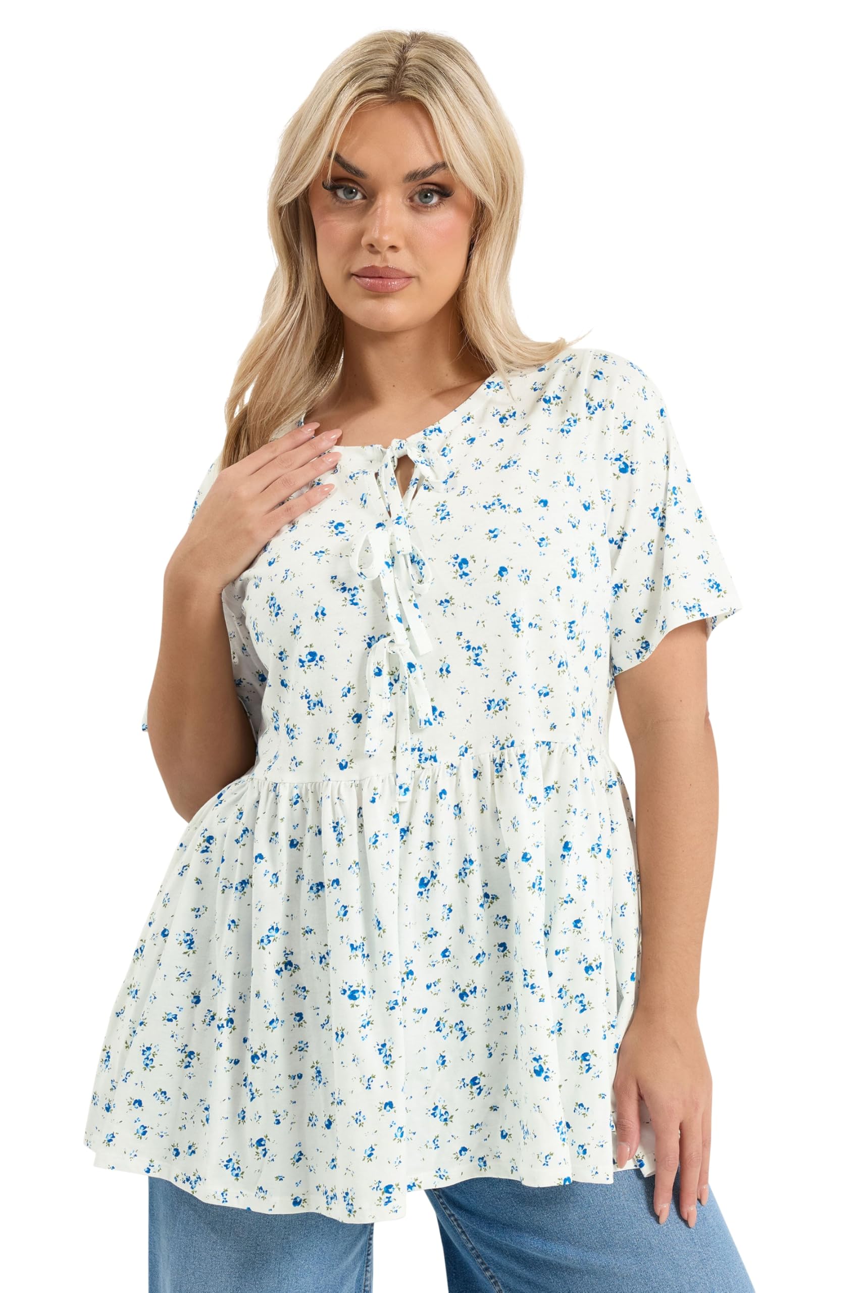 Yours Women's White Curve Ivory Ditsy Bow Tie Front Peplum Top - Plus Size Curve