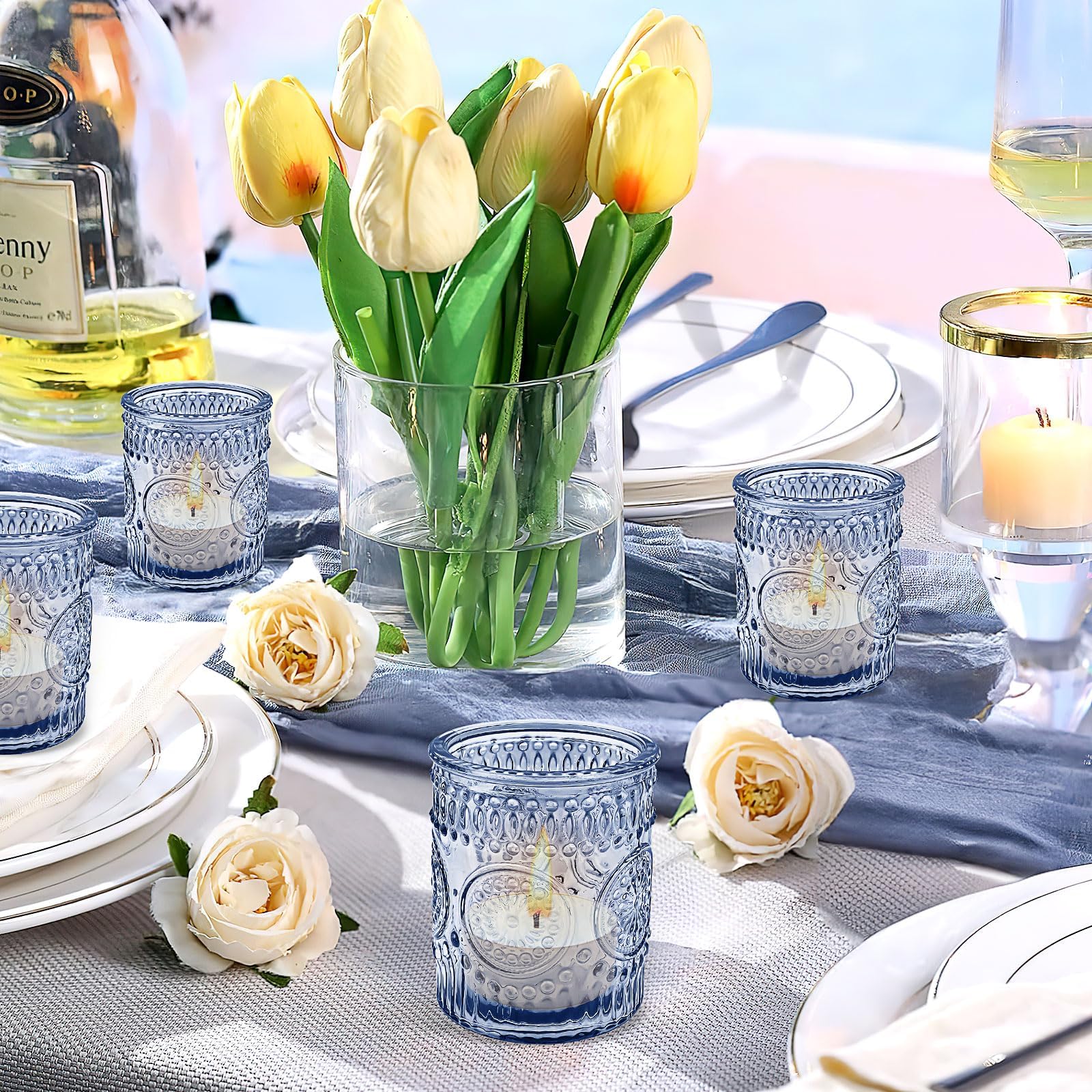 Lot de 24 bougeoirs en verre bleu vintage bohème pour Noël, fête prénuptiale, centre de table, salon, maison, fête