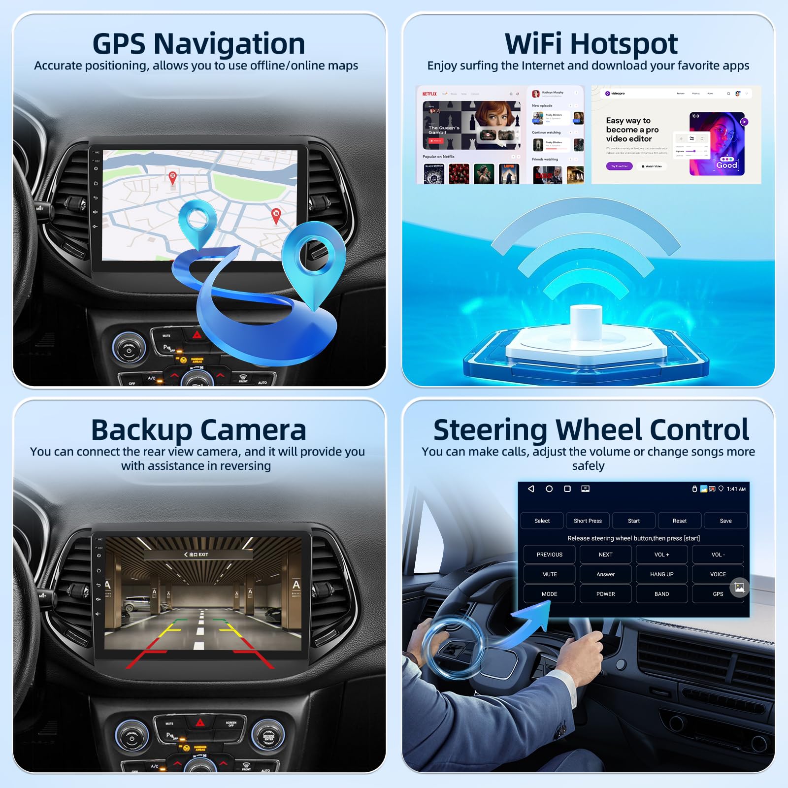 [4G+64G] Android Autoradio pour Jeep Compass 2017-2021 avec Carplay & Android Auto sans Fil, Écran Tactile IPS 10,1 Pouces avec GPS, WiFi, 32EQ, Bluetooth 5.0, Radio FM/RDS